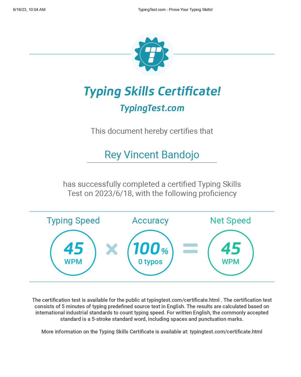 Typing Skills Certificate