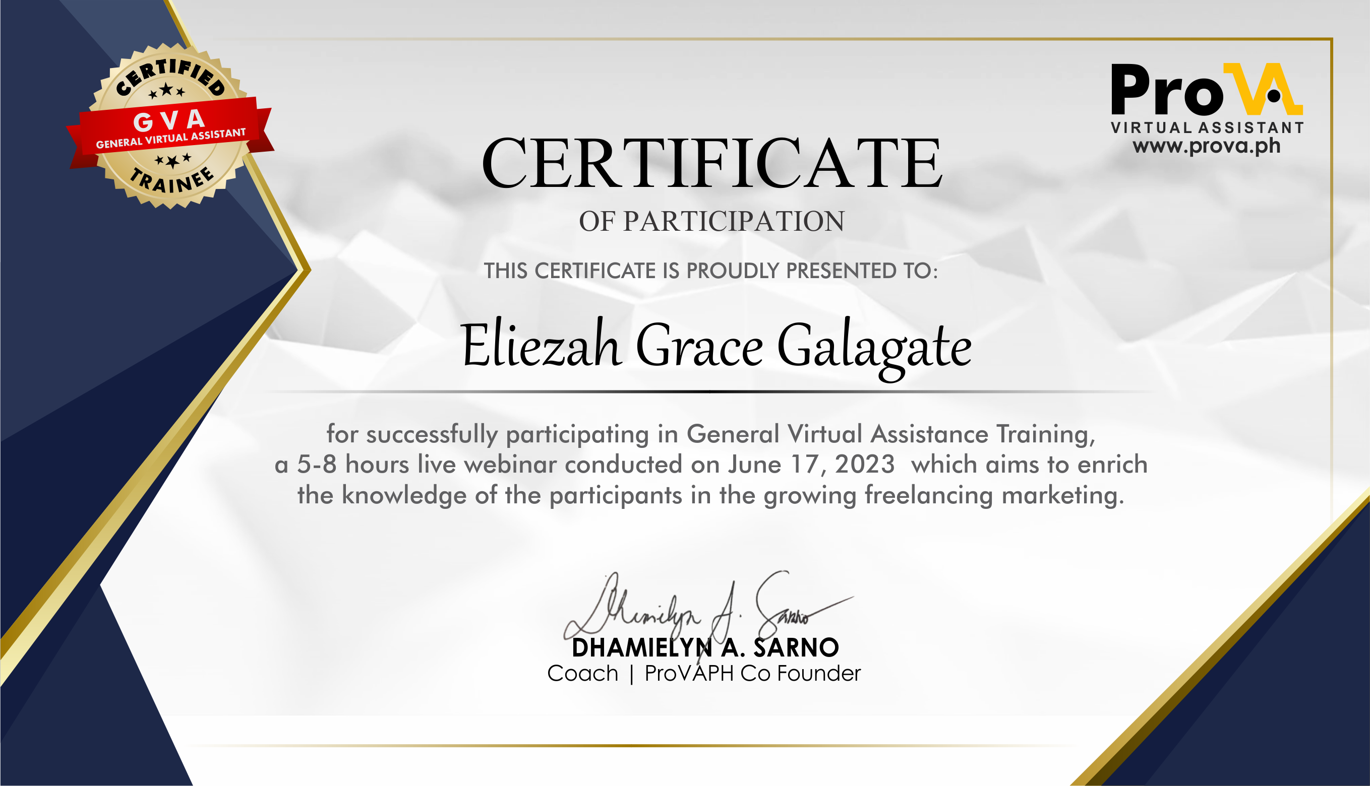 PRO VA TRAINEE CERTIFICATE