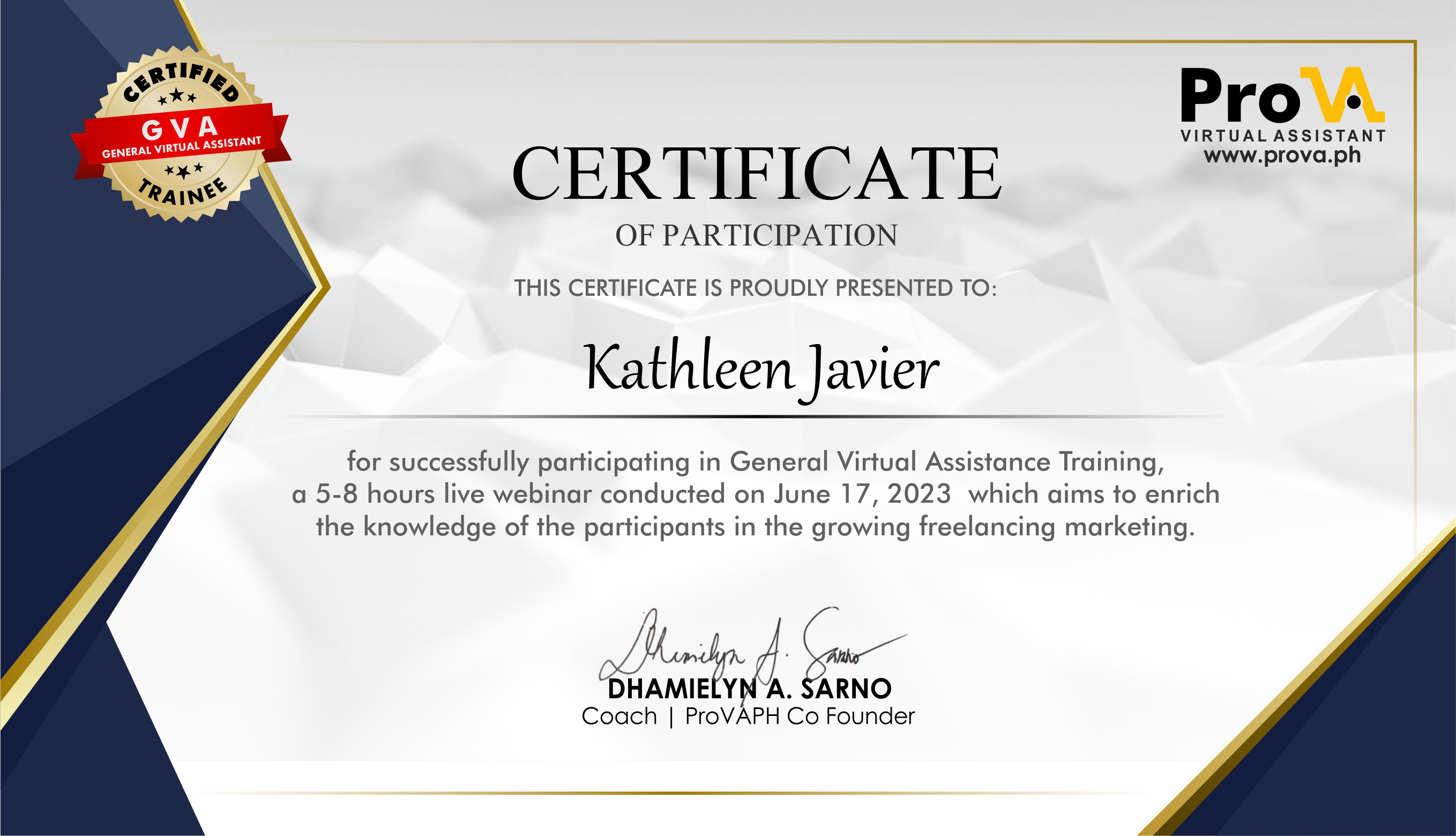 ProVA Training Certificate