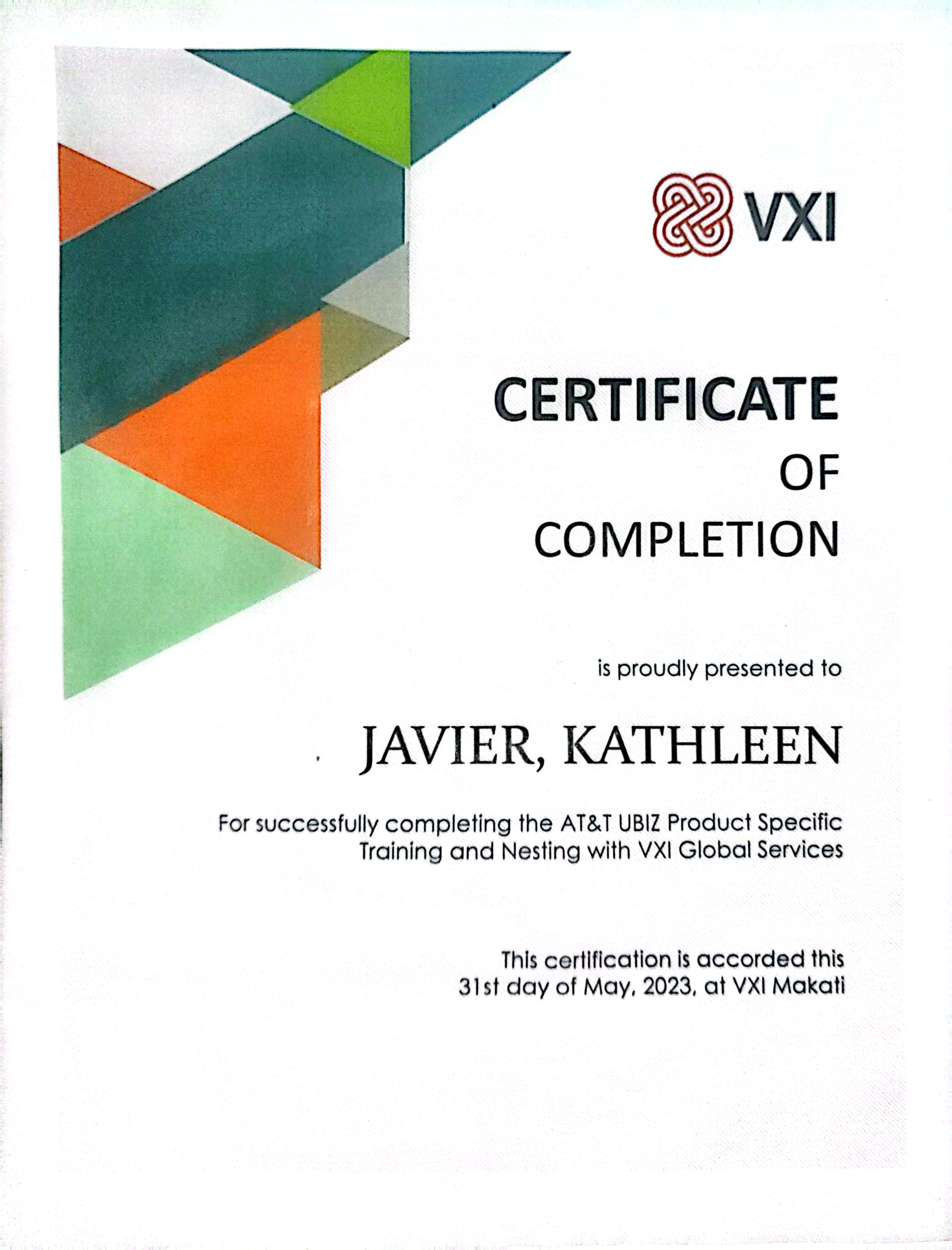 VXI Training Certificate for CSR with Business Customers