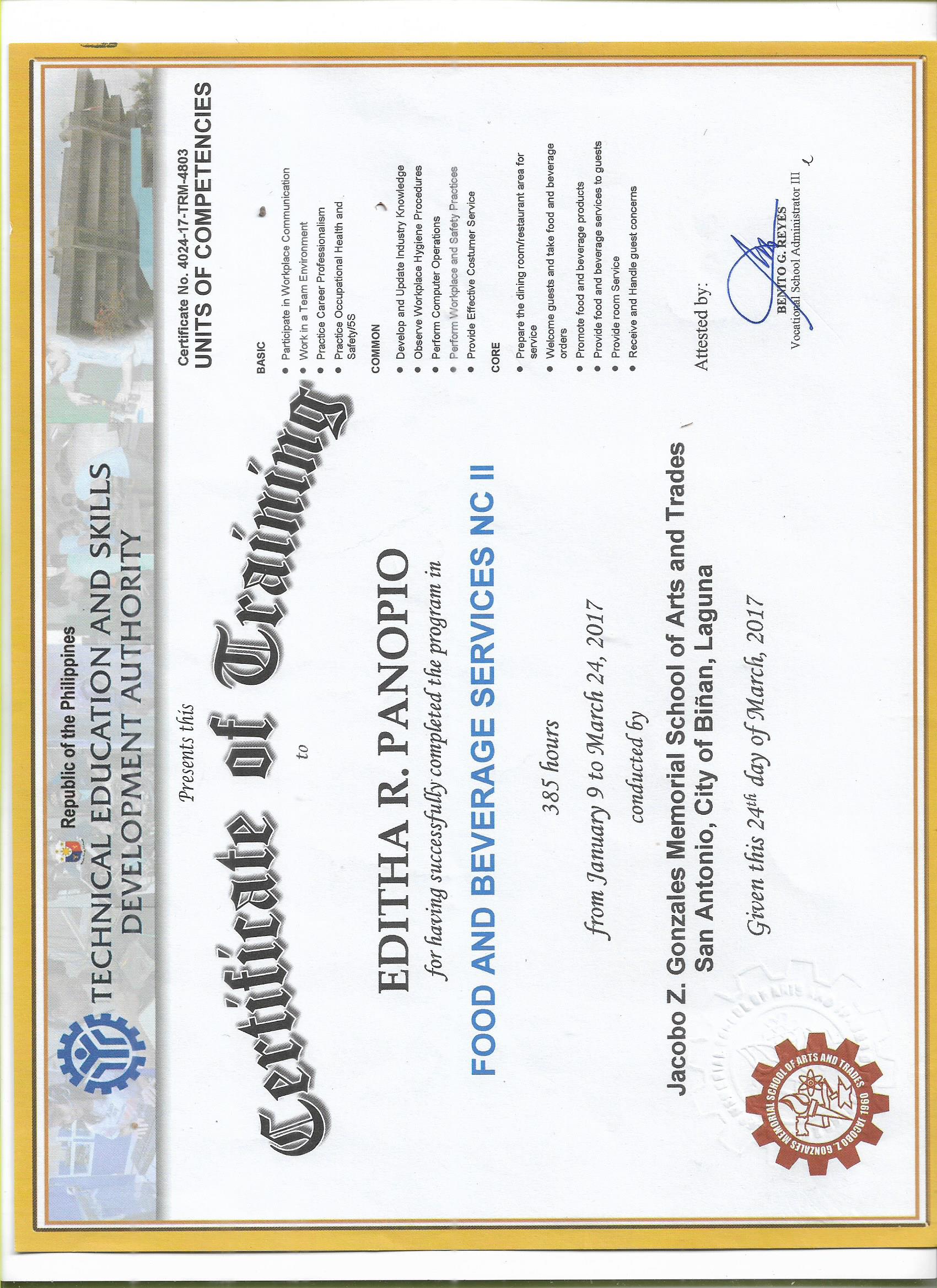 TESDA Certificate