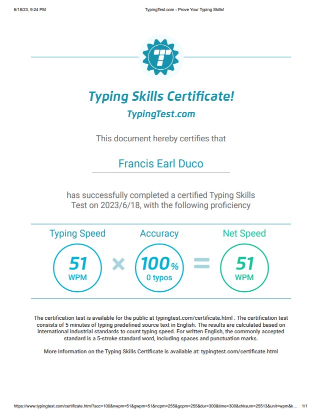 Typing Skills Certificate