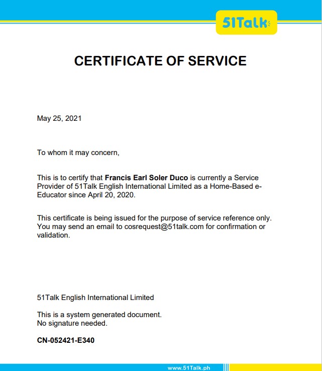 51Talk Certificate of Service