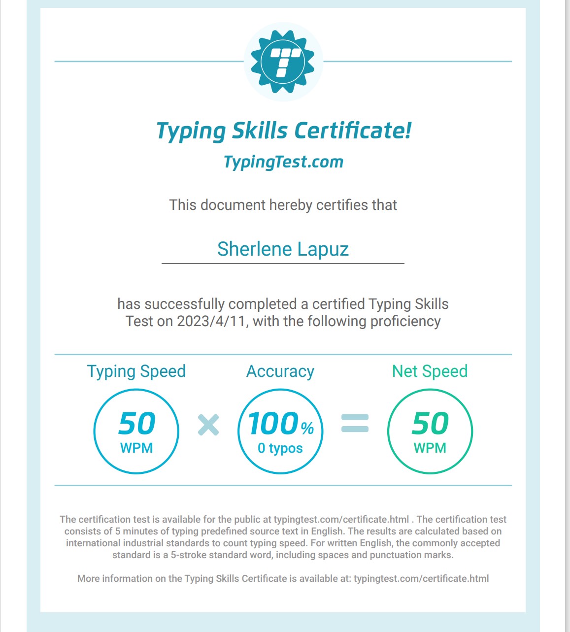 Typing test certificate