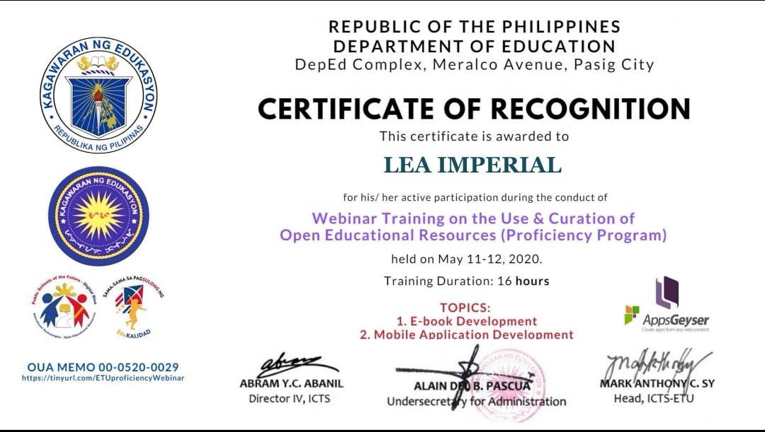 Webinar Certificate on the use and curation of OER