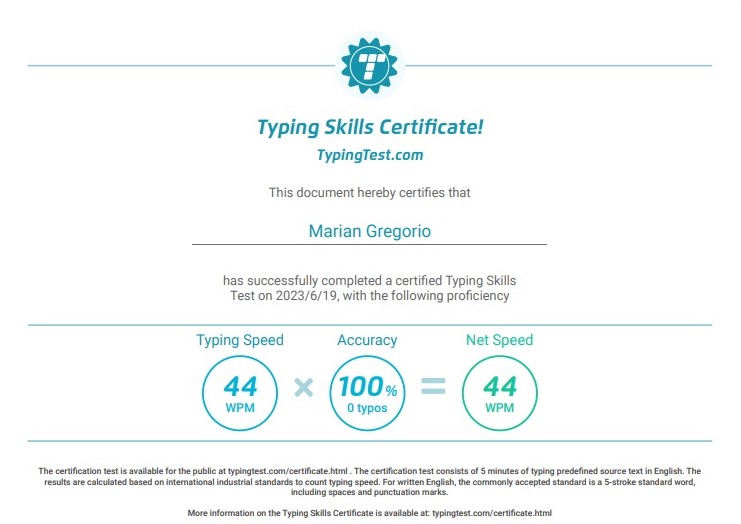 Typing Skills Certificate