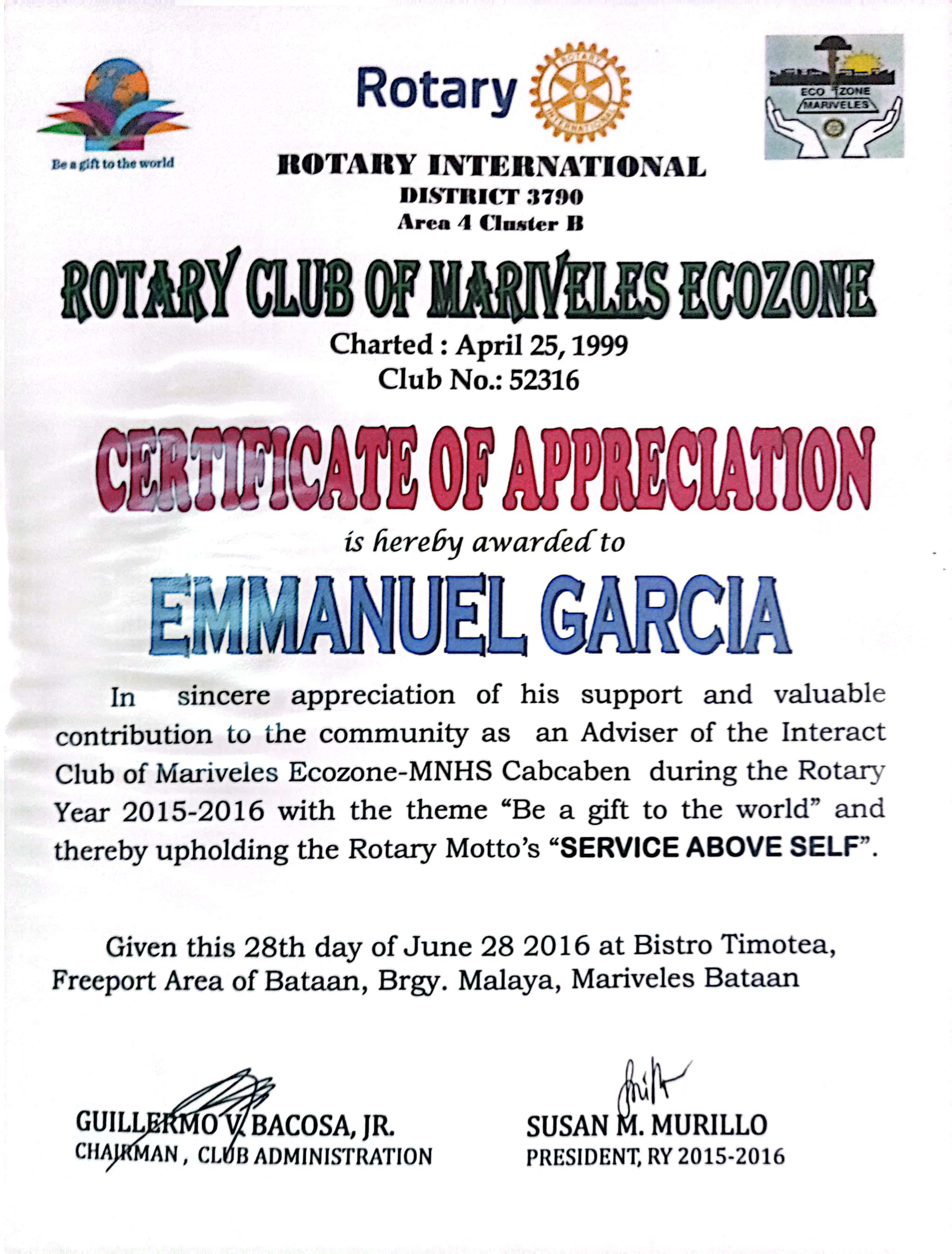 Interact Club of Mariveles Ecozone-MNHS Cabcaben Adviser