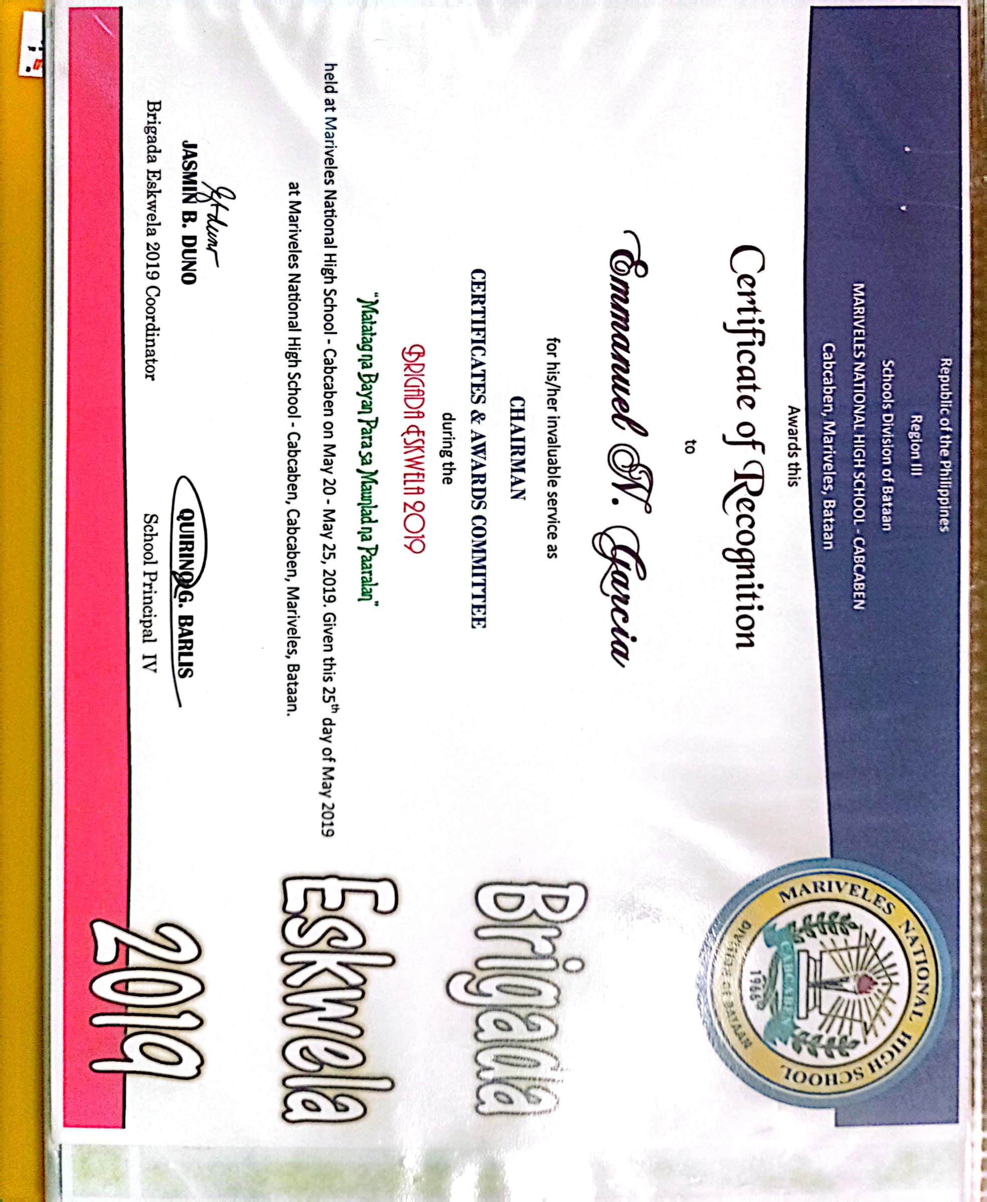 Certification as Chairman of Awards and Certificates Committee