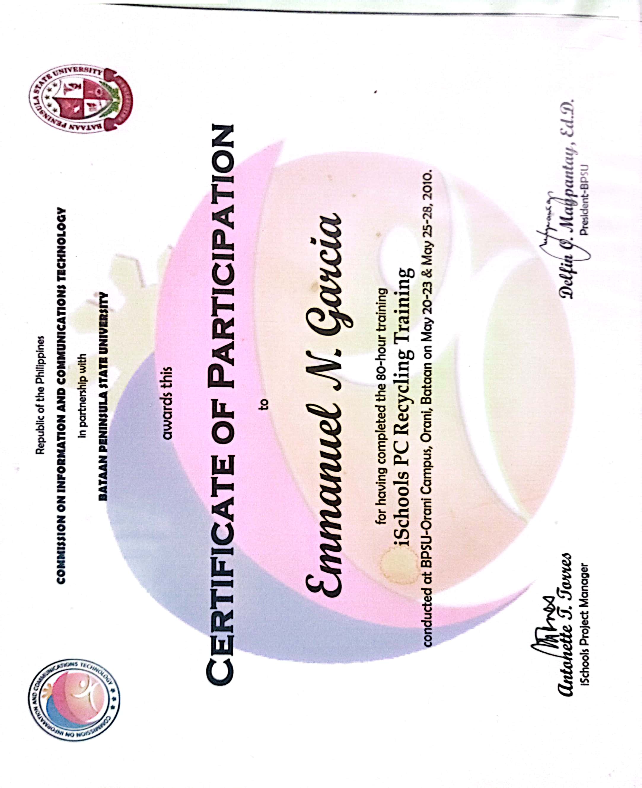 Certificate on Personal Computer Recycling Training