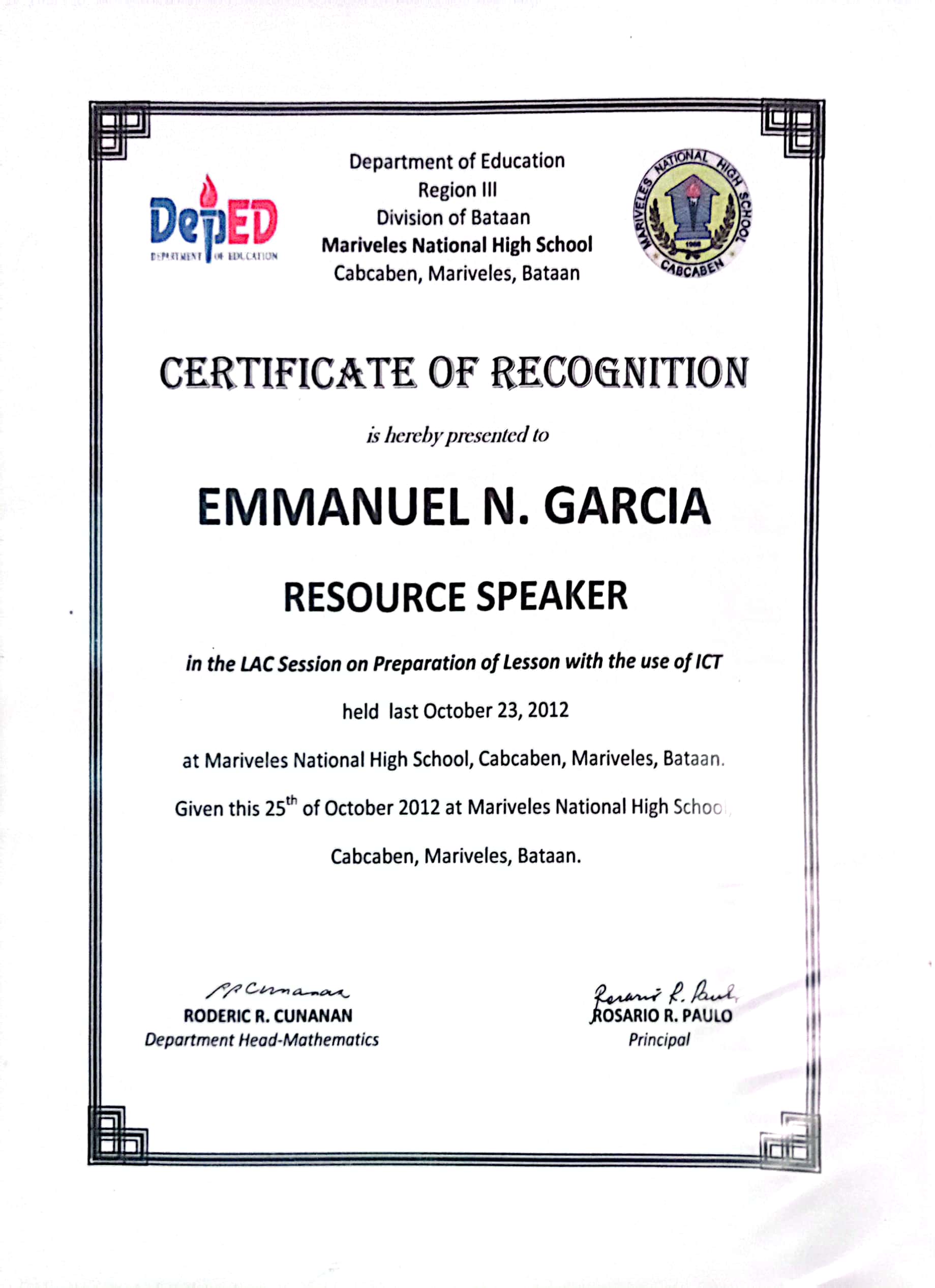 Resource Speaker on Information and Communication Technology