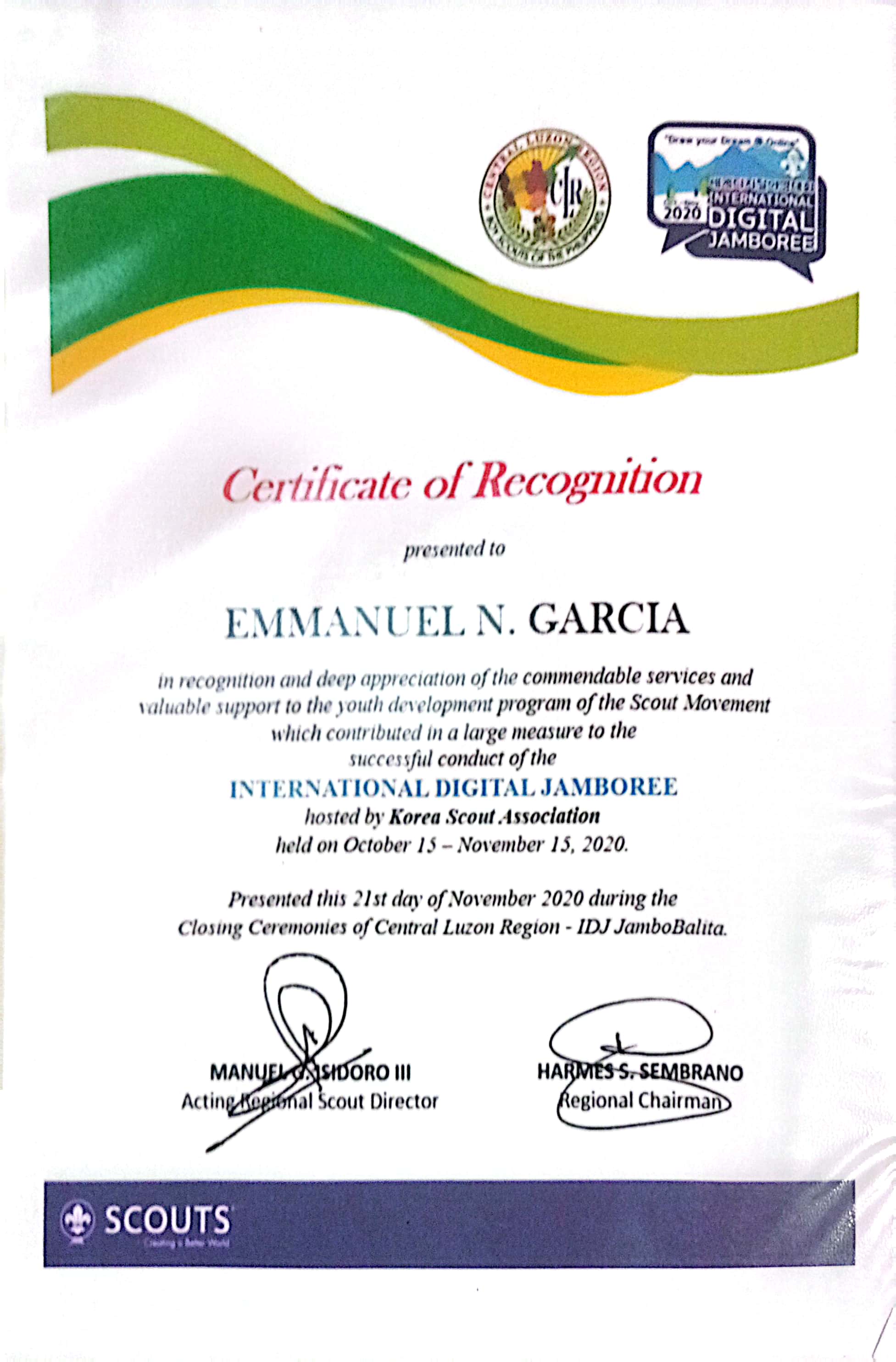 Certification from Korea Scout Association as part of International Digital Jamboree