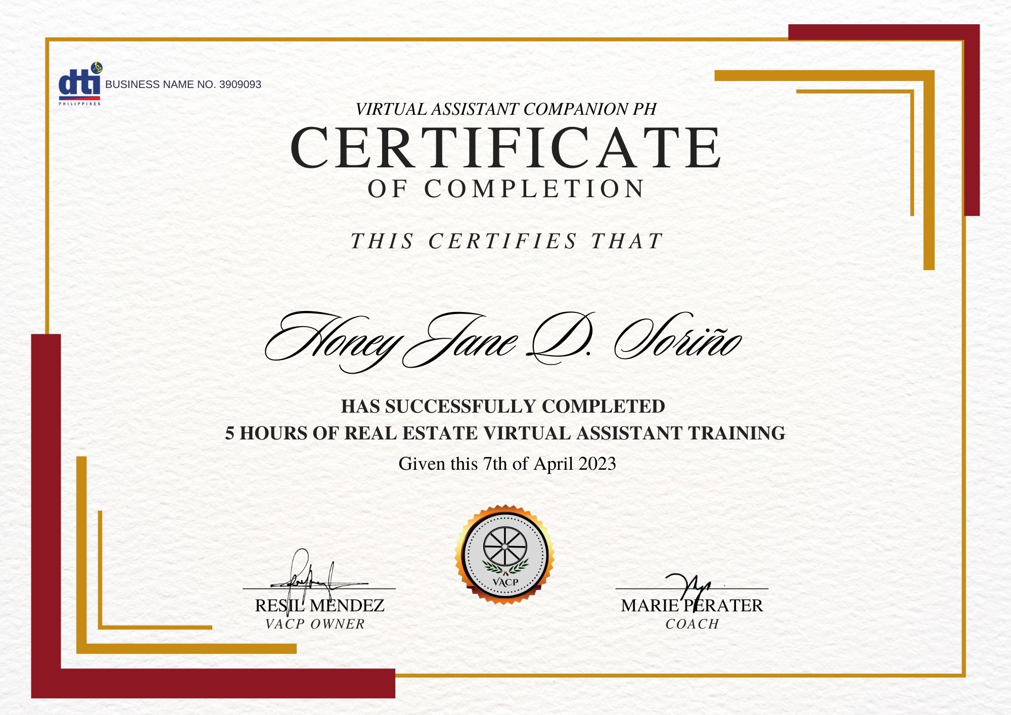 REAL ESTATE VIRTUAL ASSISTANT TRAINING CERTIFICATE