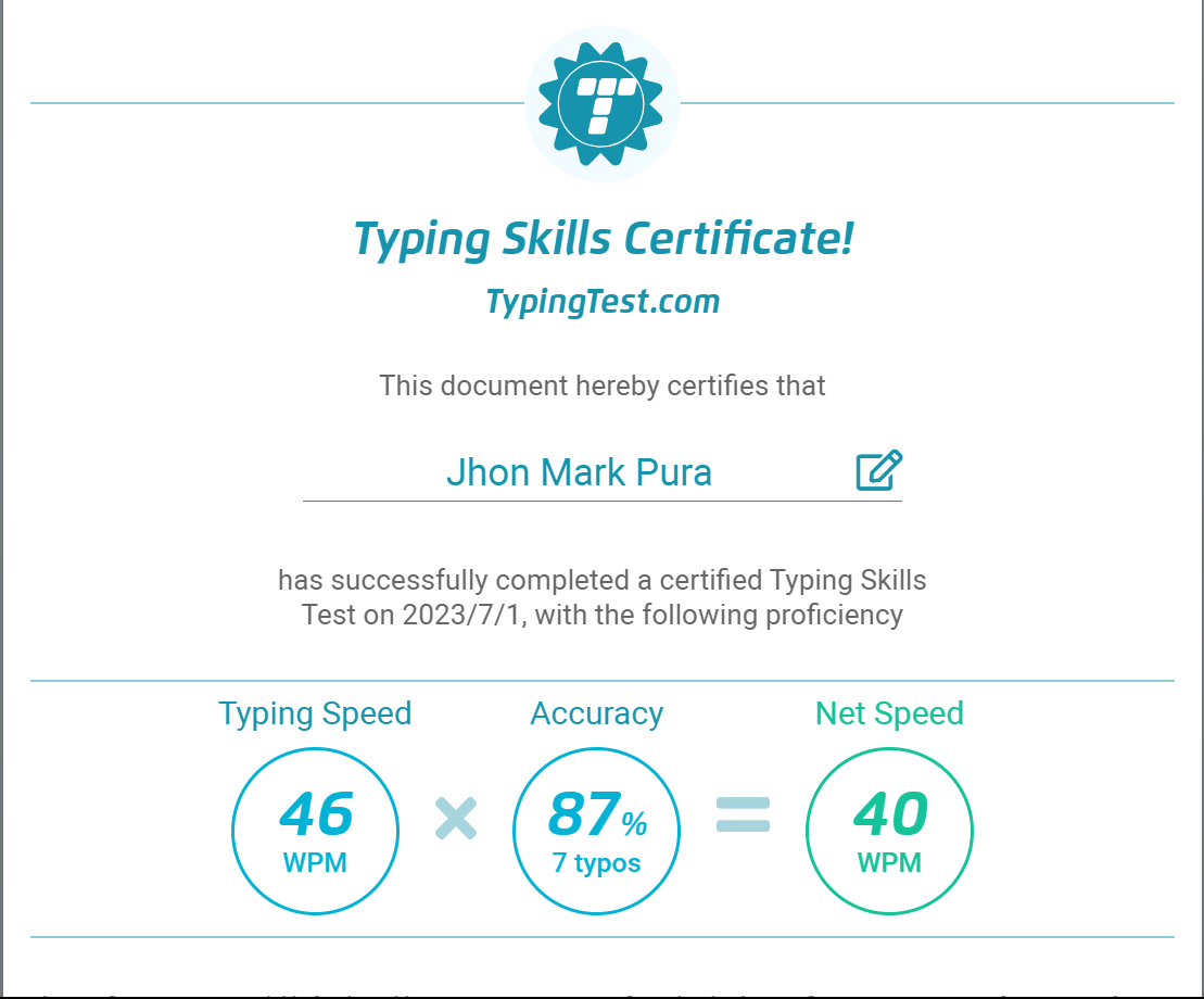 TypingTest.com certificate