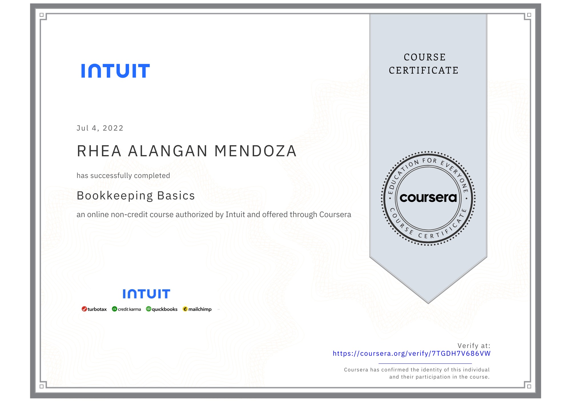 Coursera Certificate (Bookkeeping Basics)