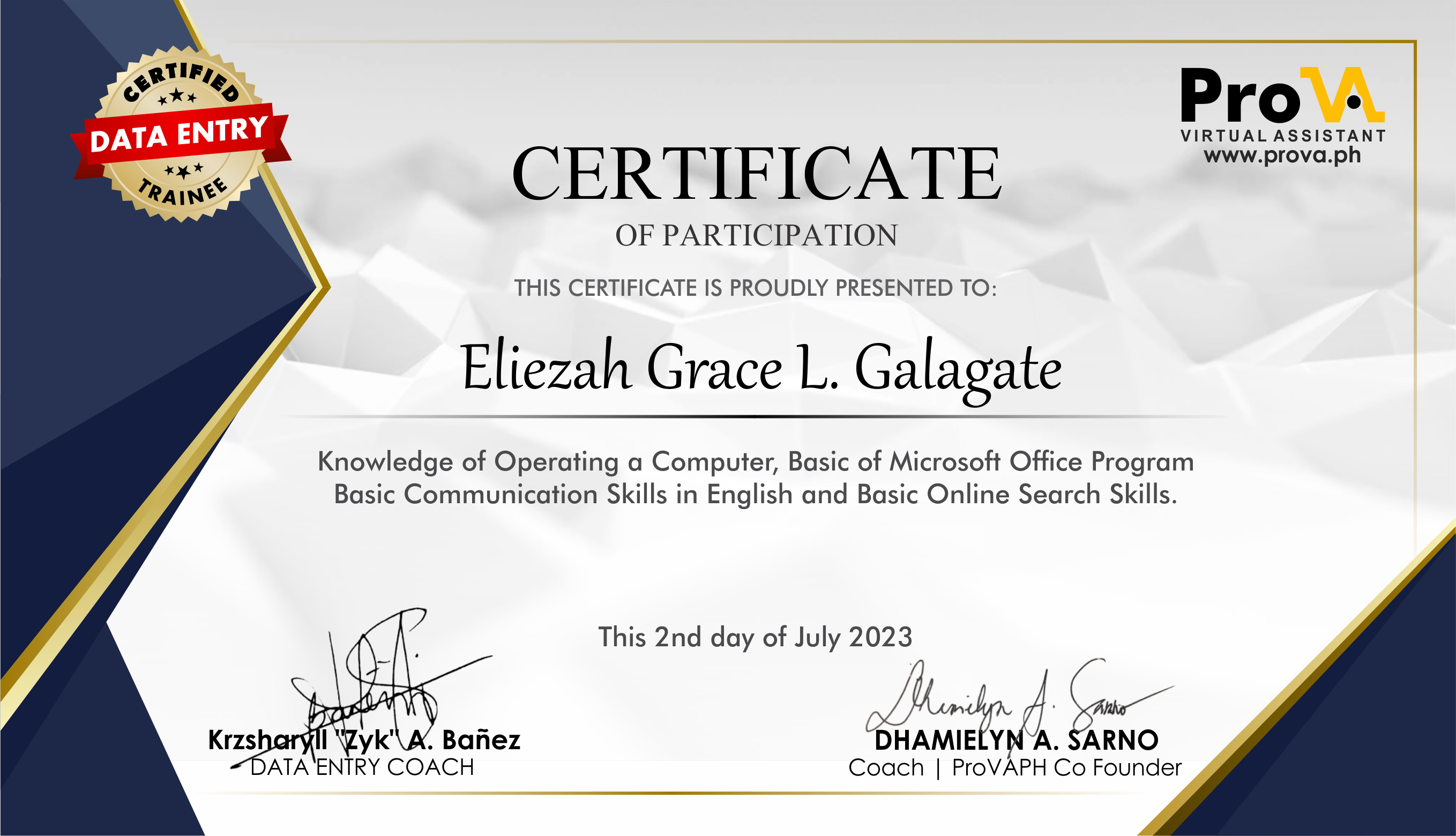 DATA ENTRY TRAINEE CERTIFICATE