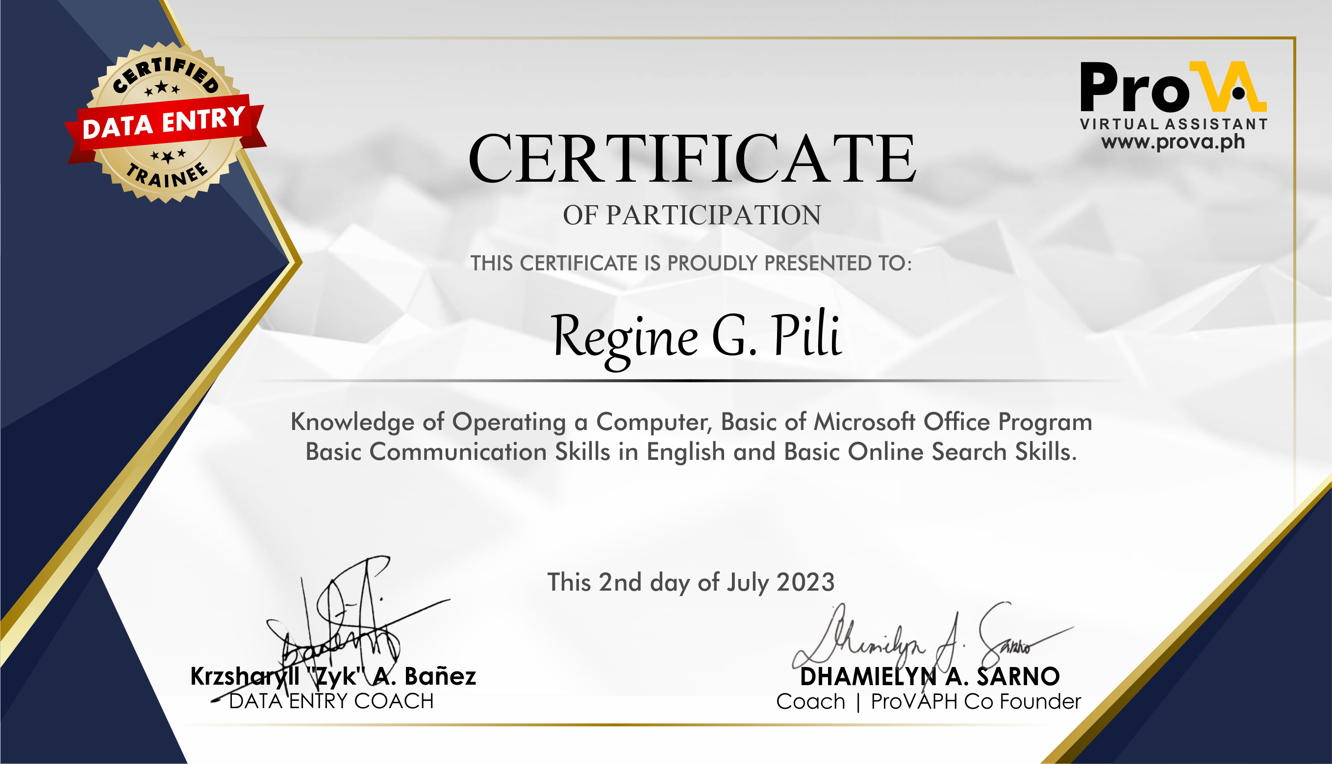 DATA ENTRY CERTIFICATE