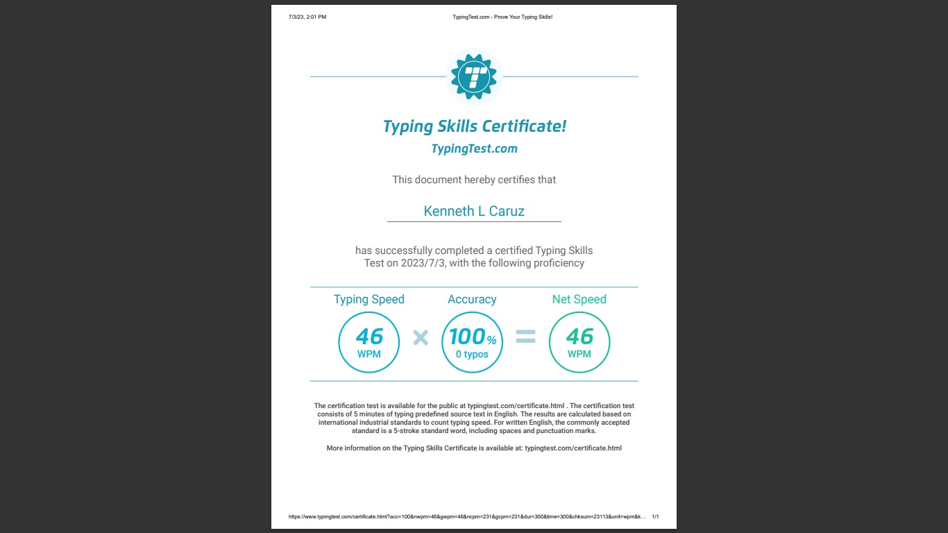 Typing Test Certificate