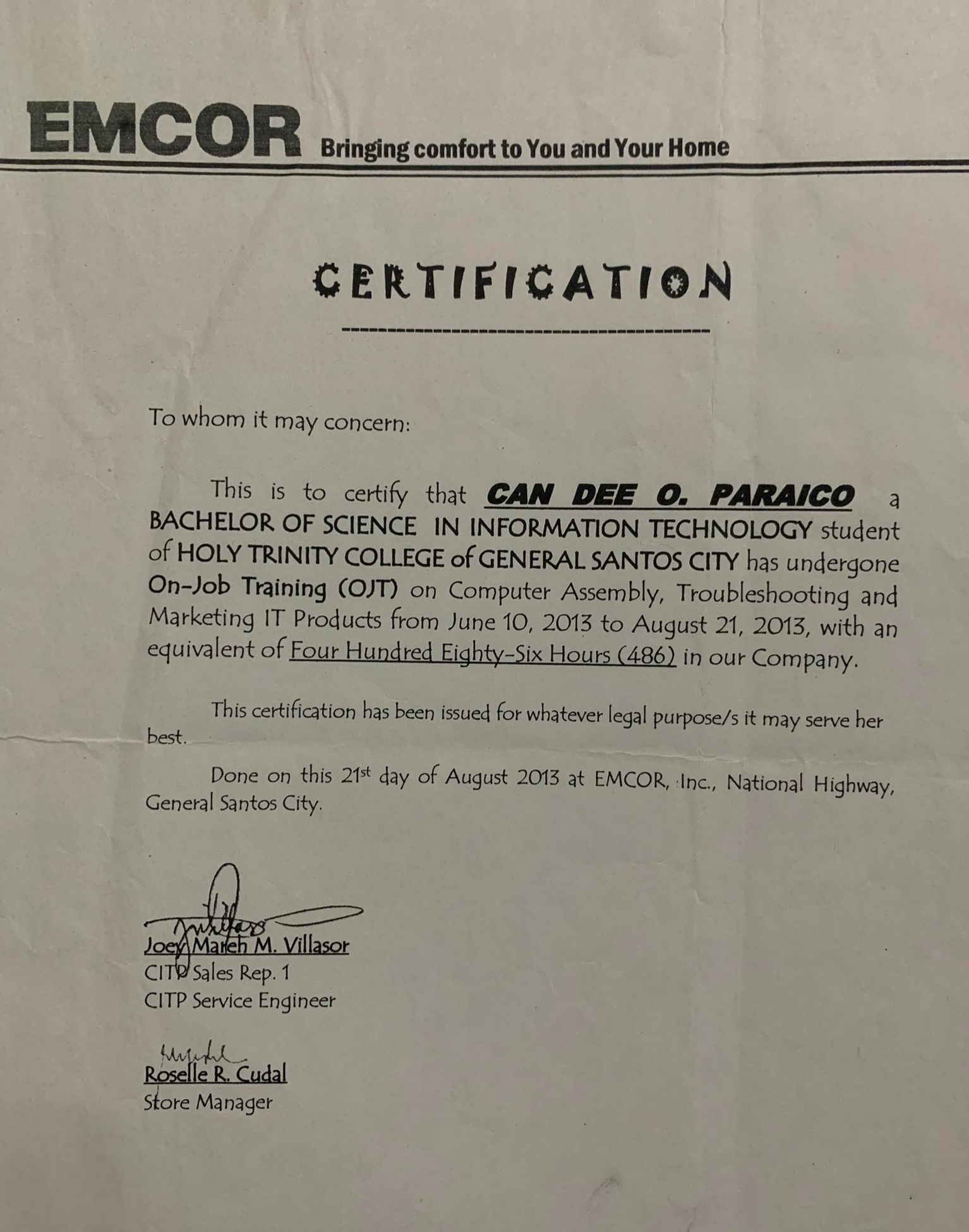 OJT Certificate