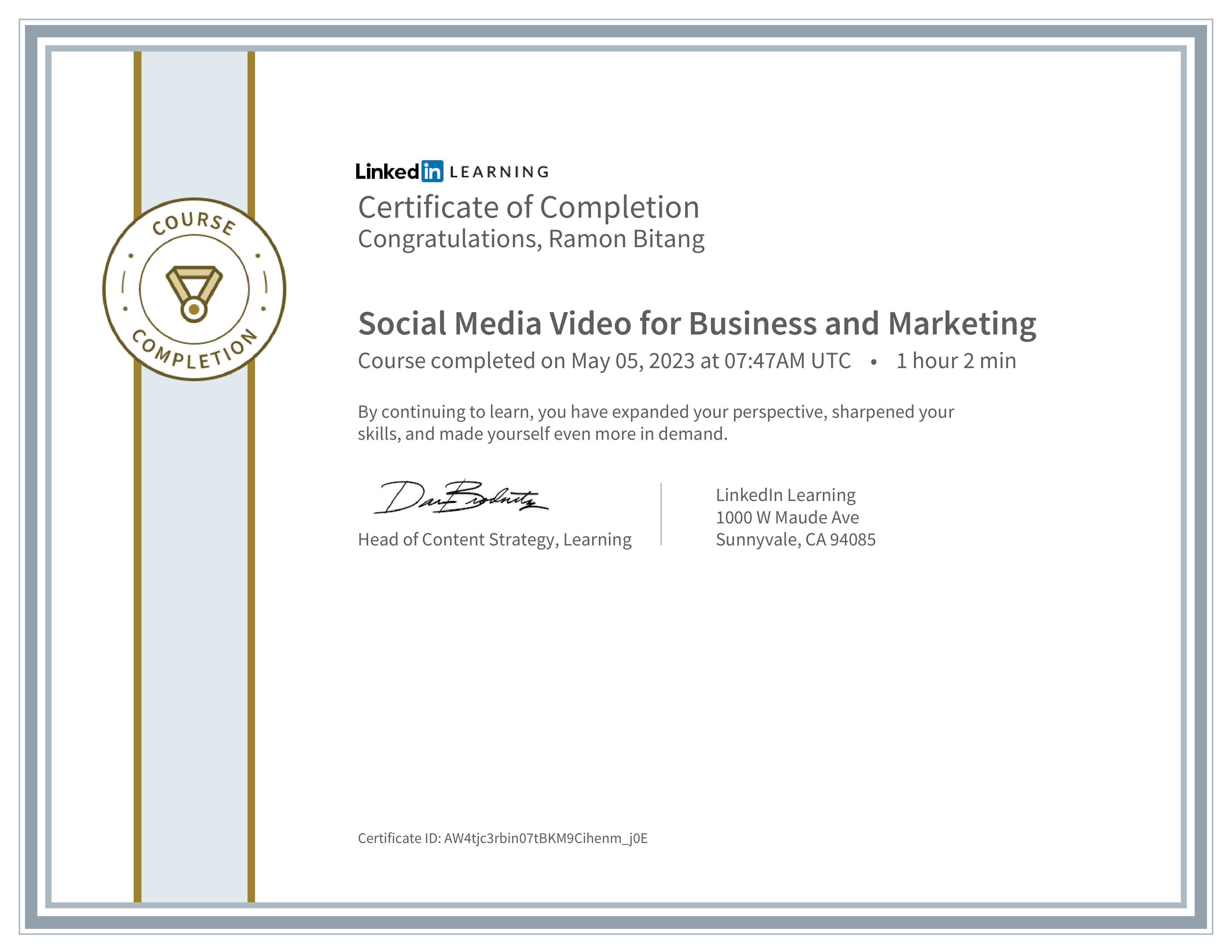 CertificateOfCompletion_Social Media Video for Business and Marketing