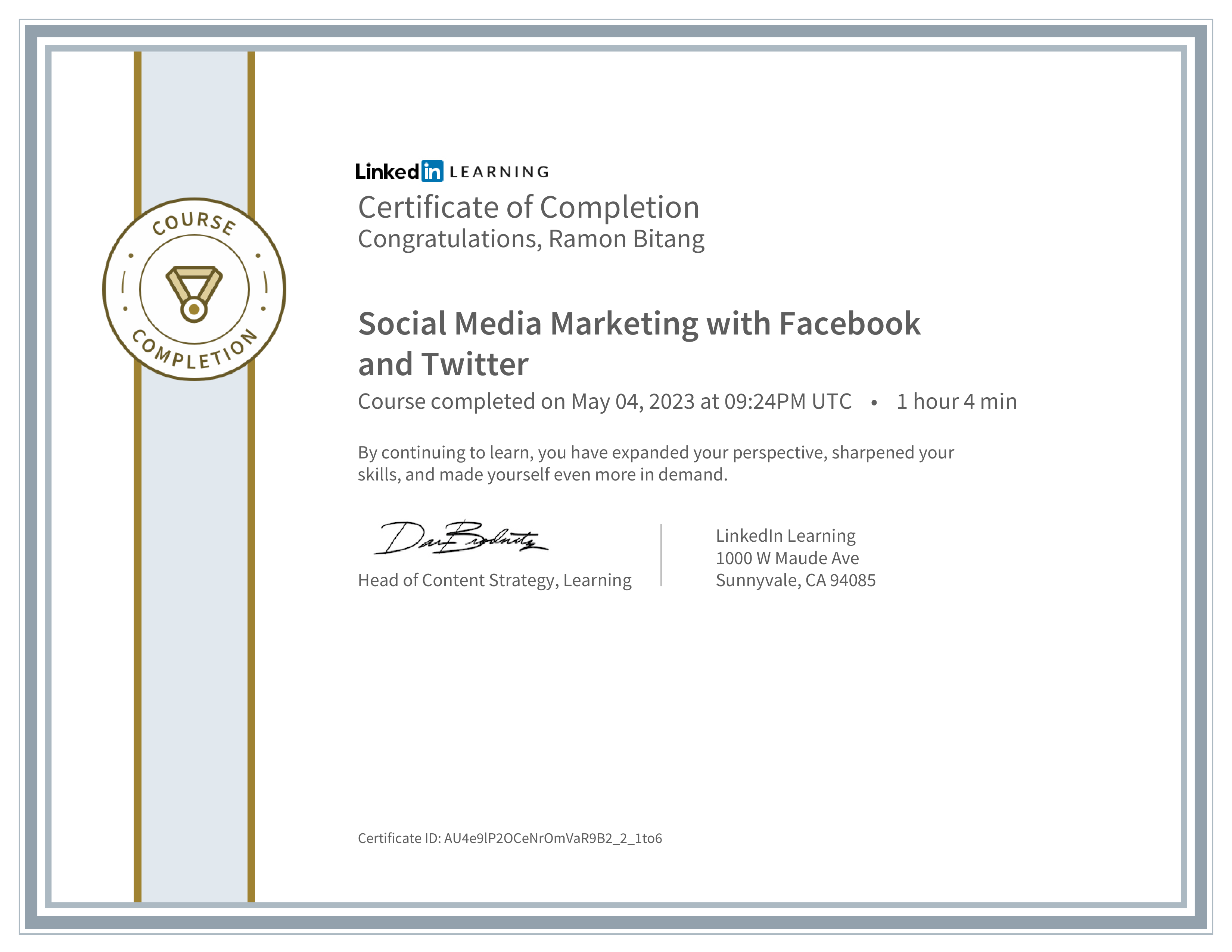 CertificateOfCompletion_Social Media Marketing with Facebook and Twitter