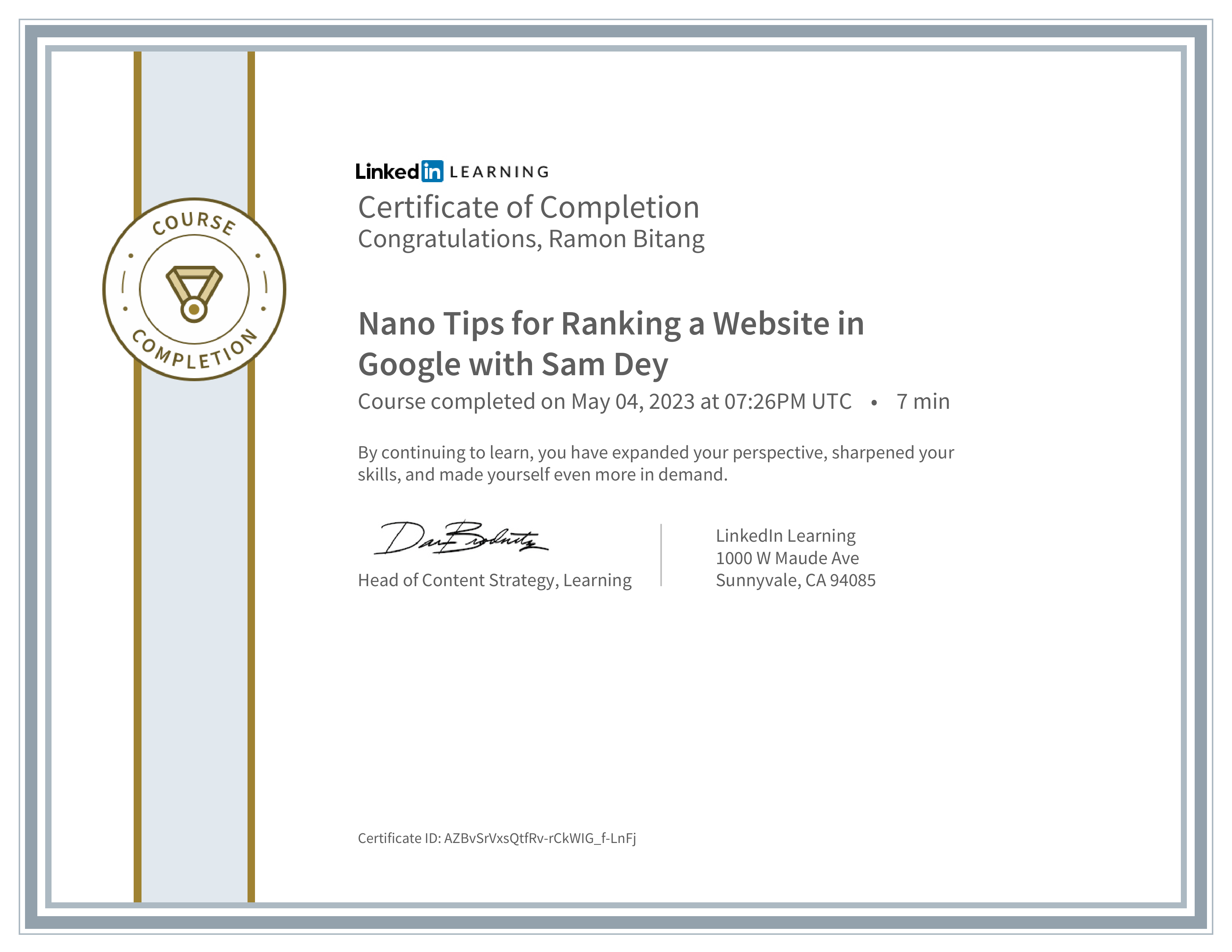 CertificateOfCompletion_Nano Tips for Ranking a Website in Google with Sam Dey