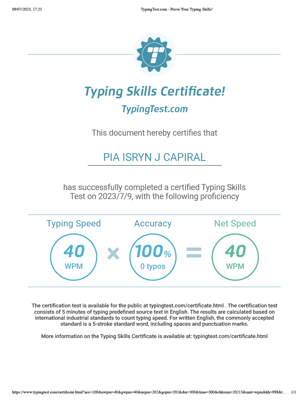 Typing Skills Certificate