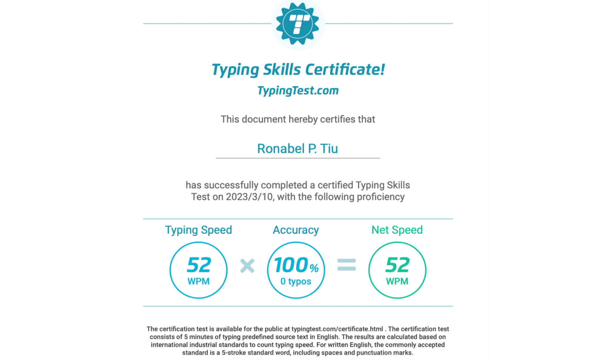 Typing Test Certificate