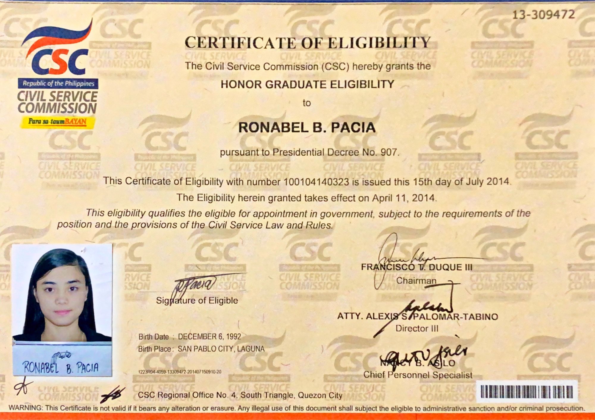 Civil Service Certificate Honor Eligibilty