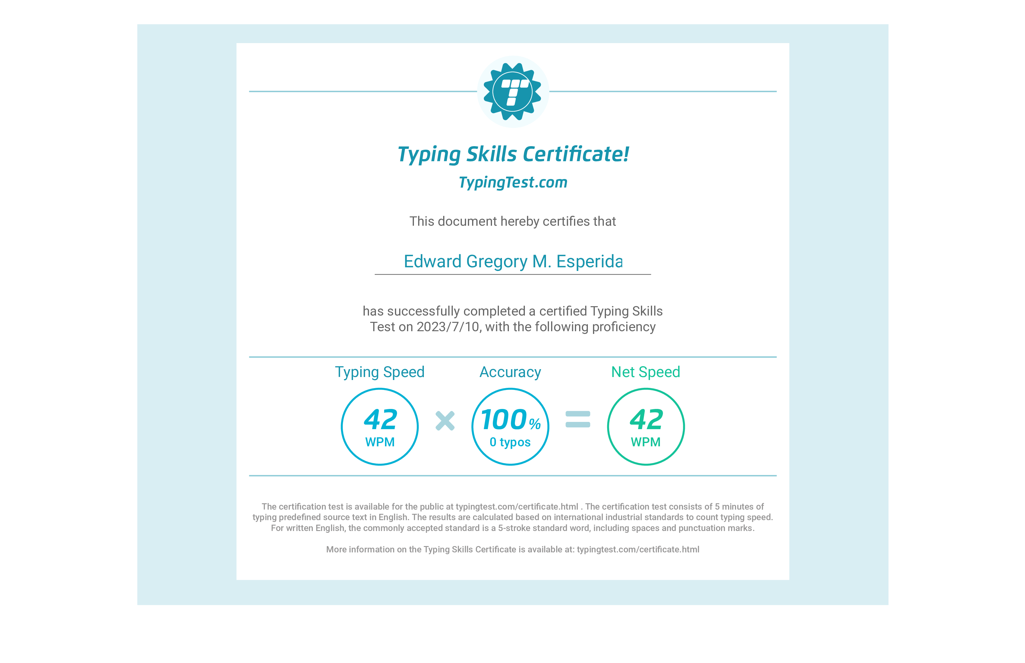 TypingTest.com - Typing Skills Certificate