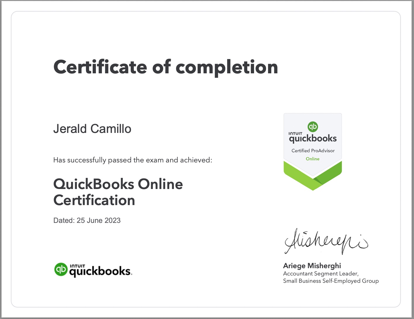 Certified Quickbooks Bookkeeper