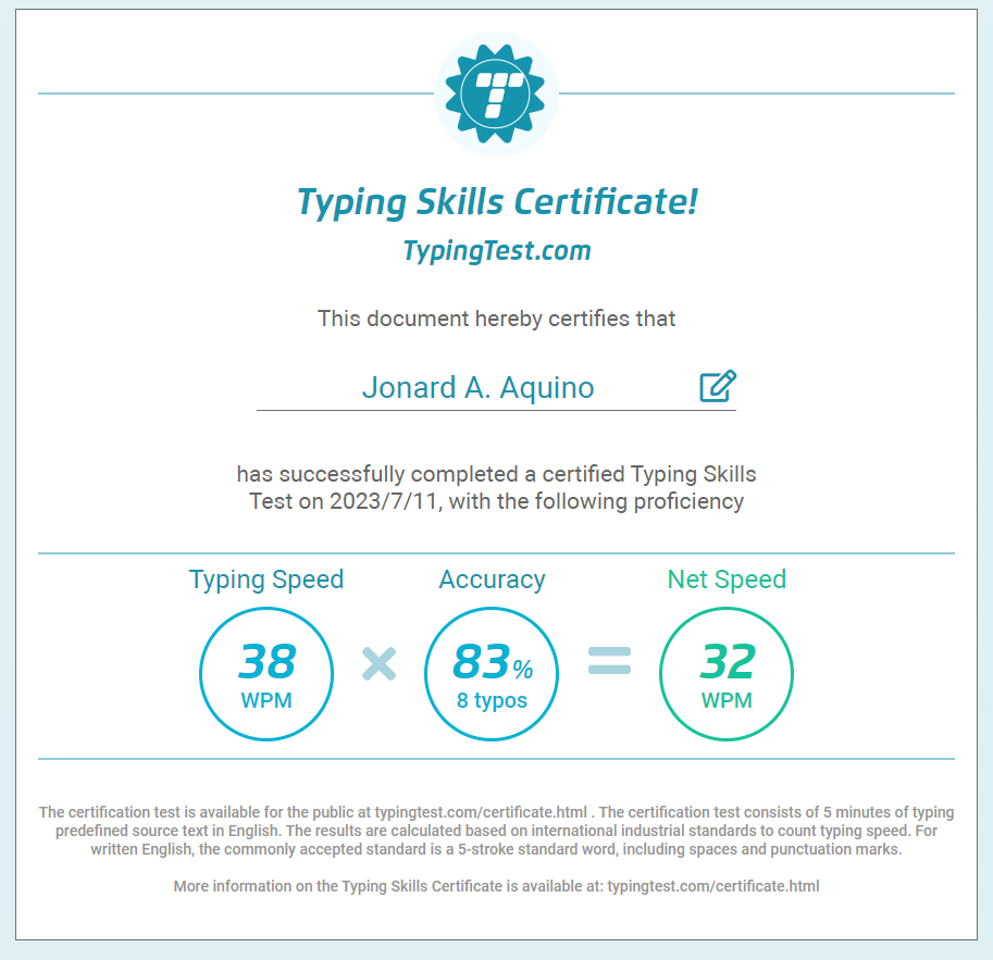 Typing Certificate