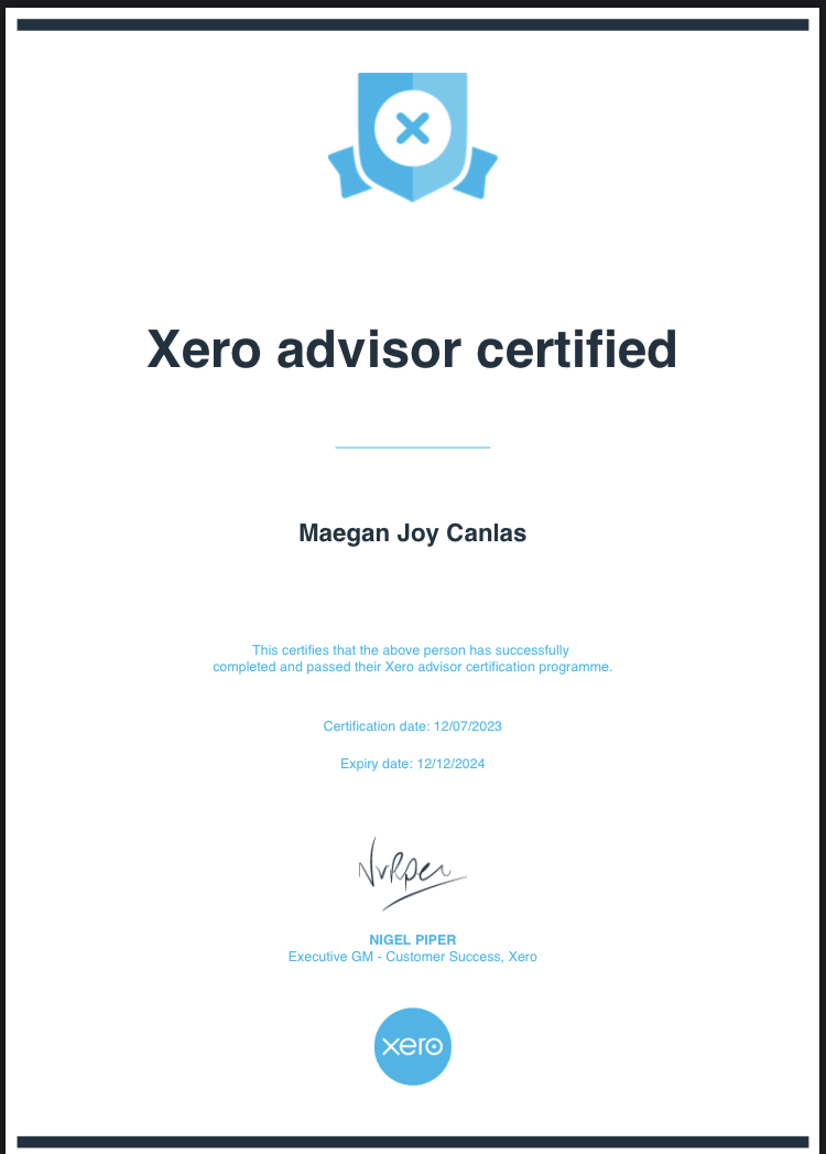 XERO ADVISOR CERTIFICATE