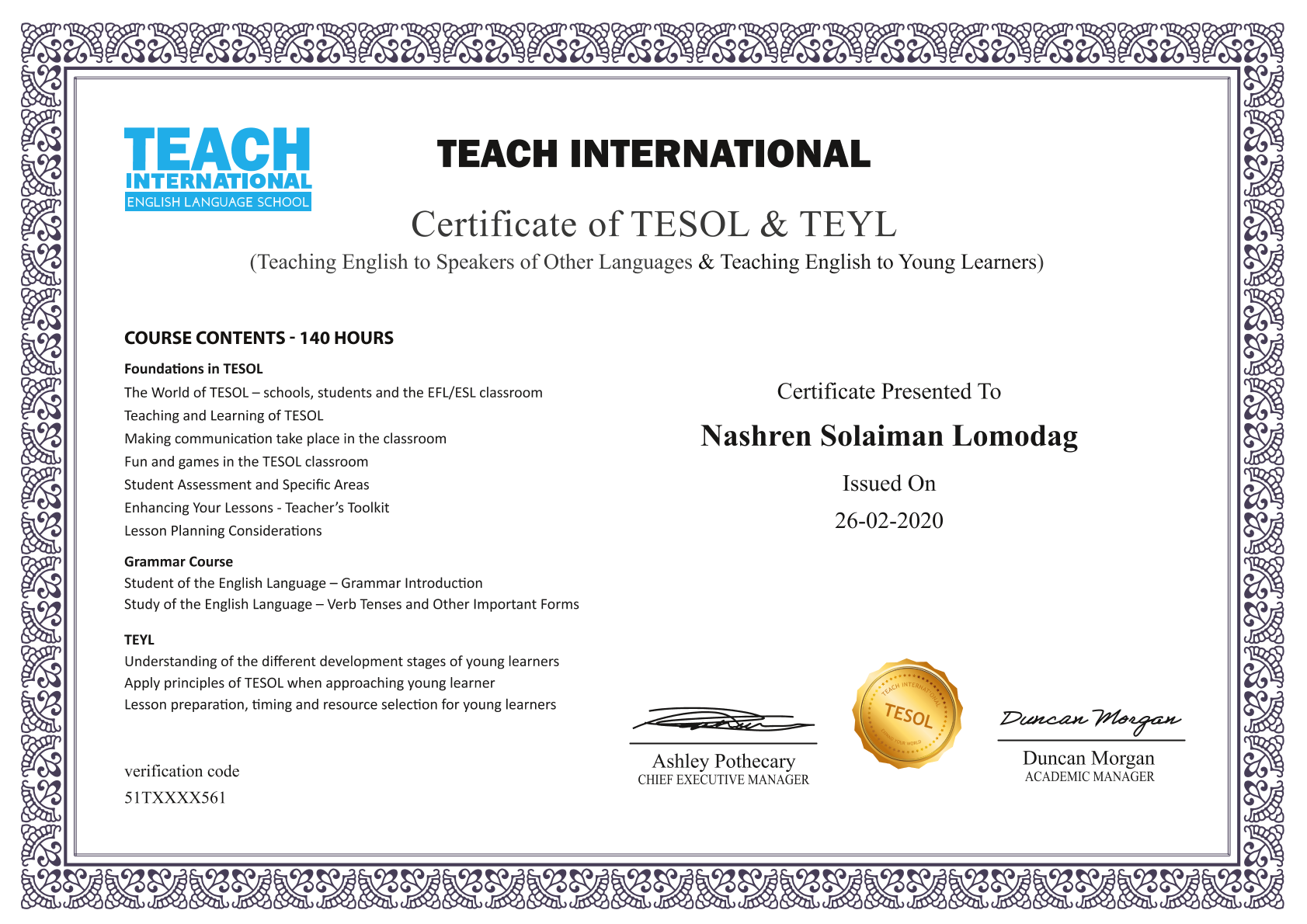 Certificate of TESOL and TEYL