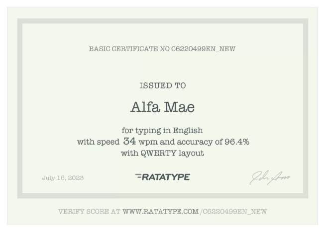 Typing in English with speed 34 wpm and accuracy of 96.4% with QWERTY layout