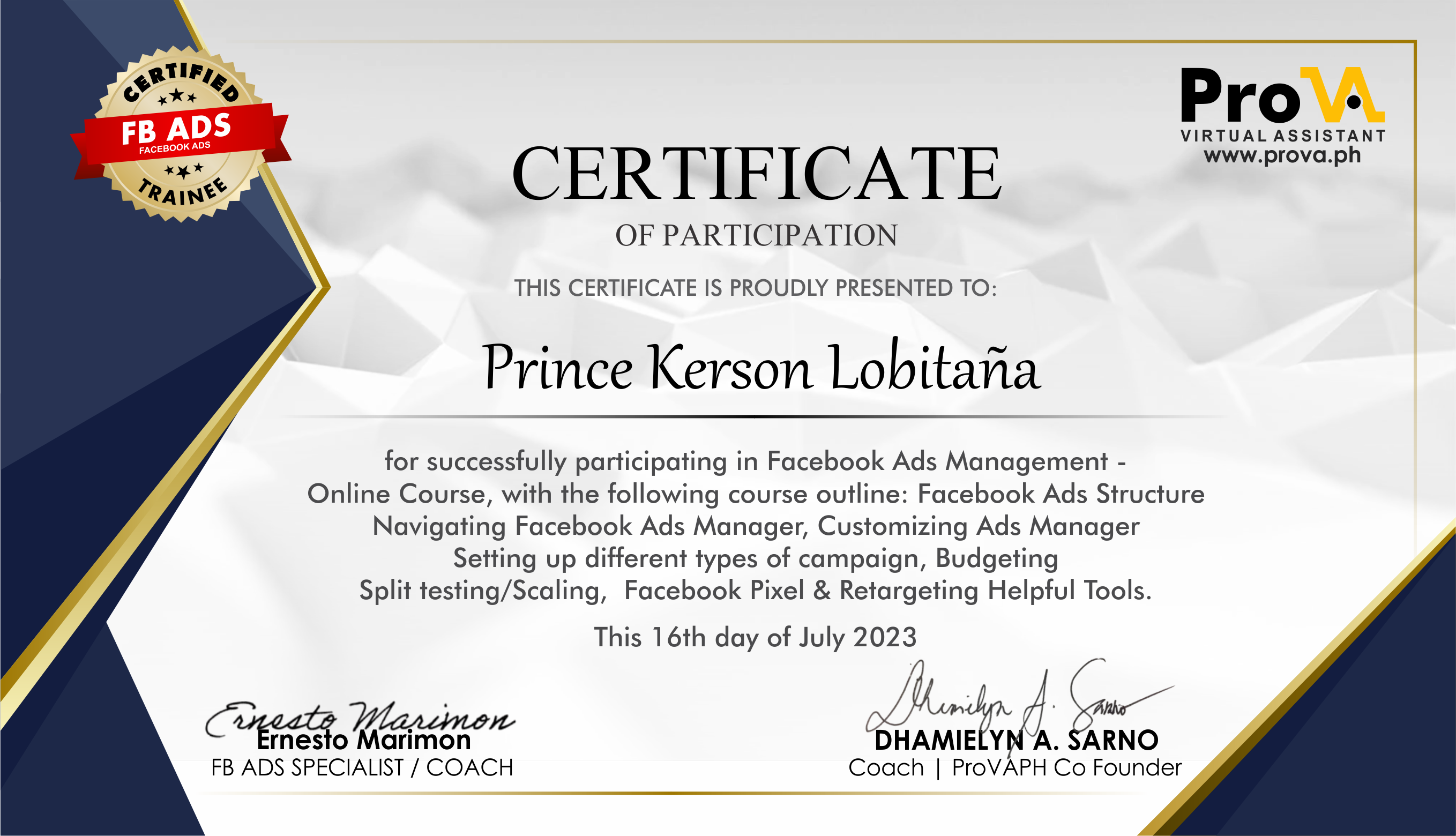 Facebook Ads Management - Prince Kerson Lobitana