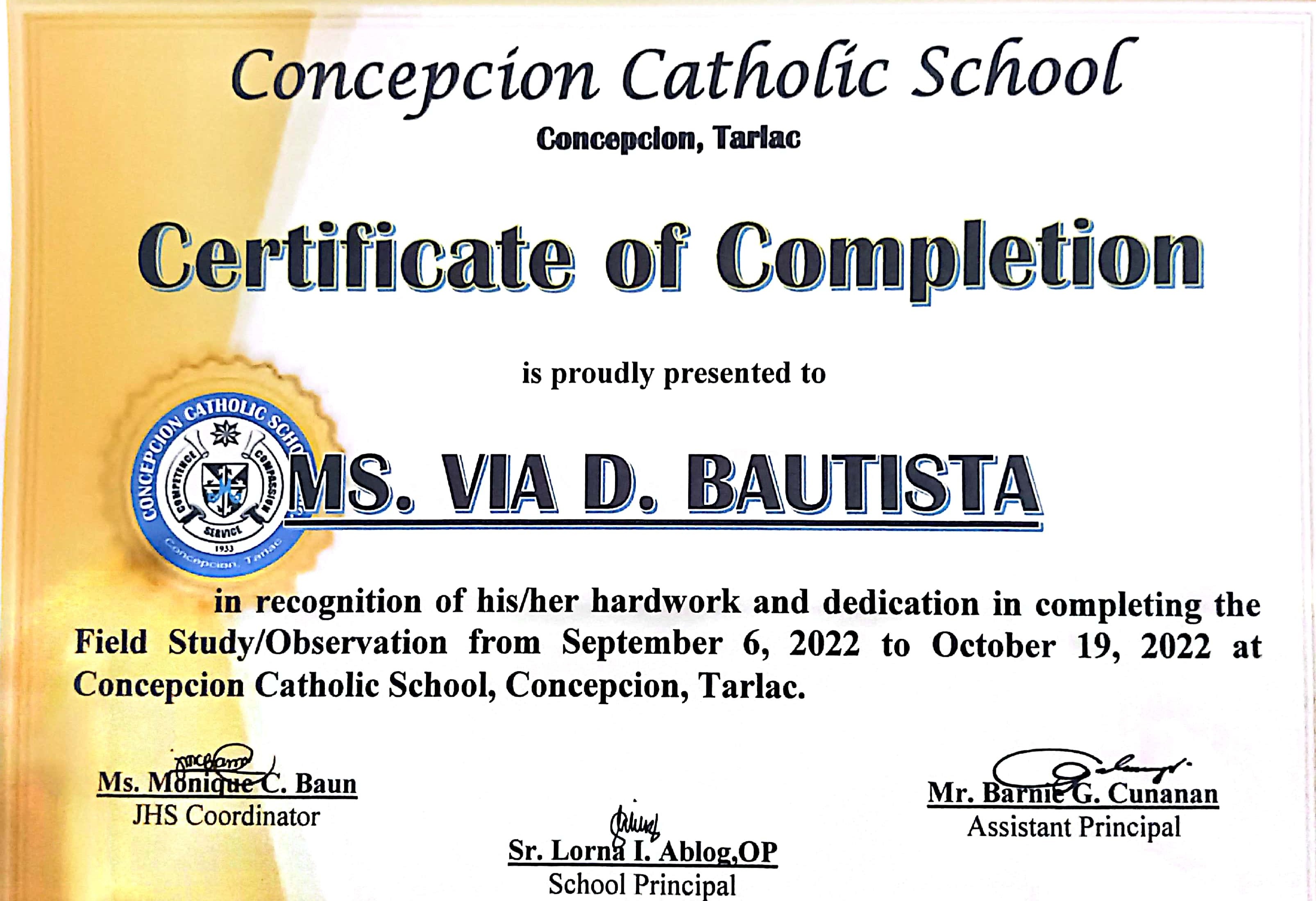 Observation / Field Study Course Completion Certificate