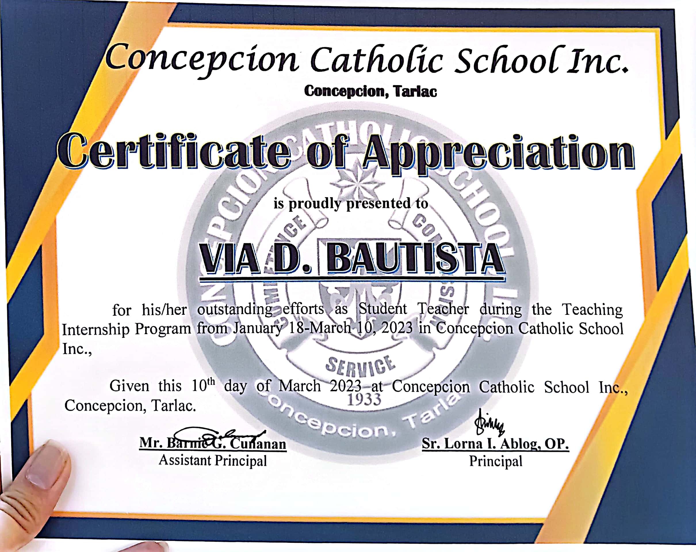 Teaching Internship Appreciation Certificate