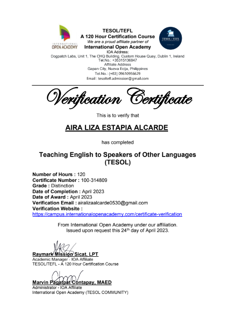 English Verification Certificate