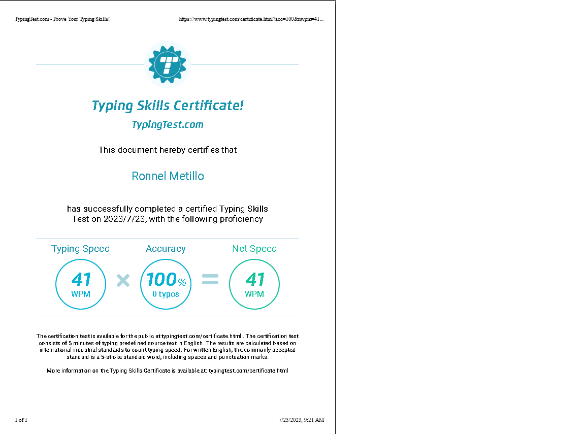 Typing Certificate