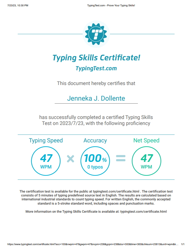 Typing Skills Certificate