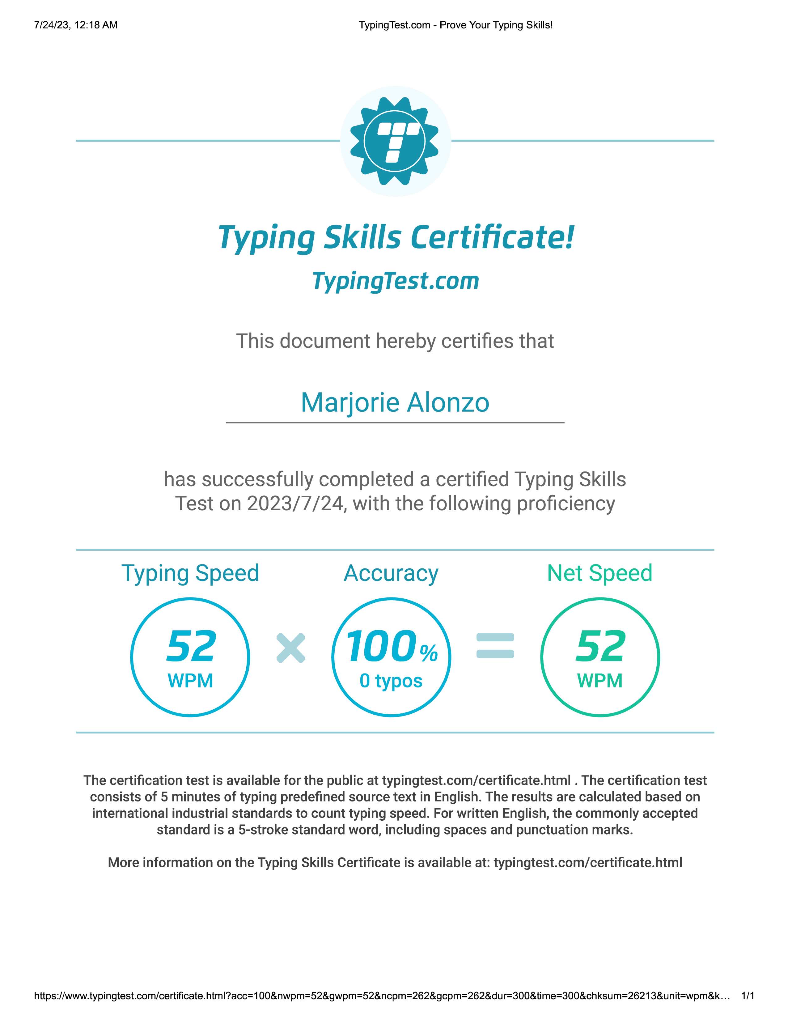 Typing Skills Certificate