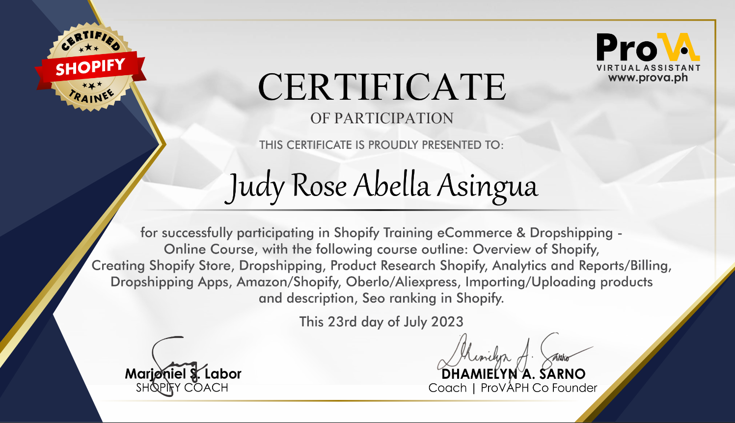 Shopify Training eCommerce and Dropshipping  Certificate