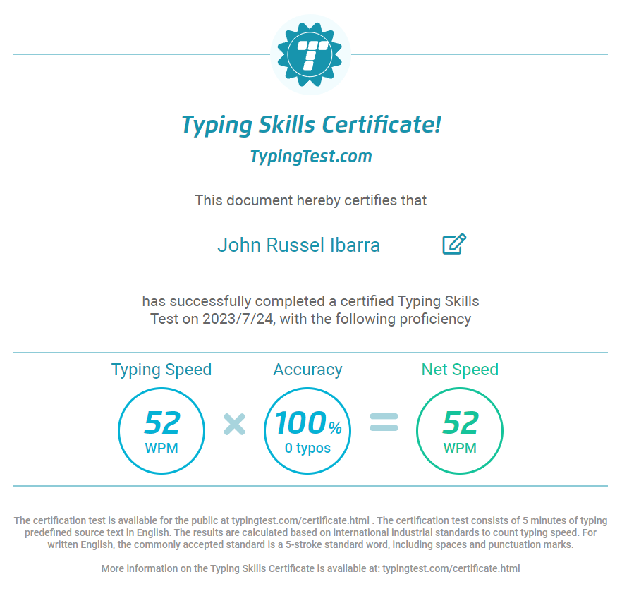 Typing Skills Certificate