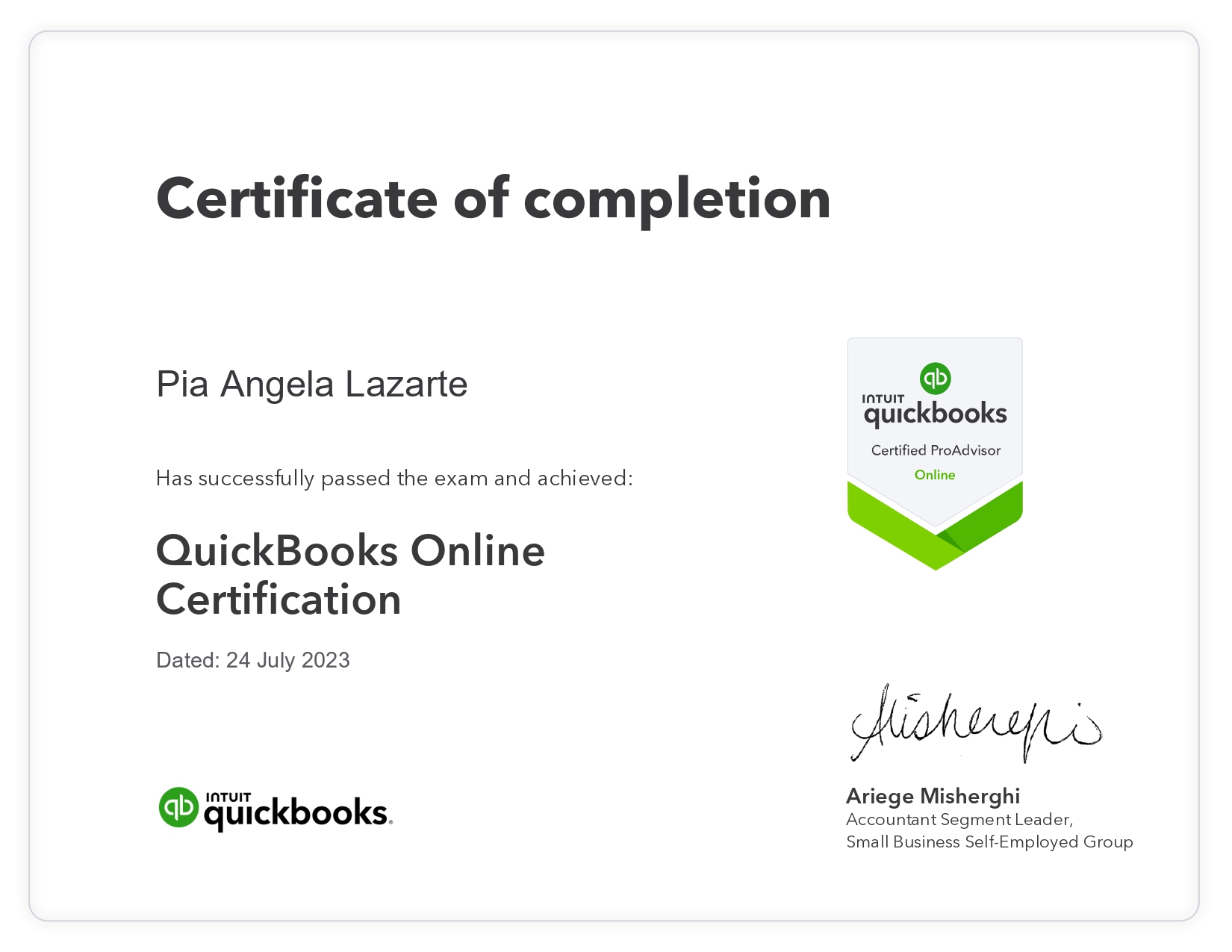 Intuit Quickbooks Certified ProAdvisor Cert.