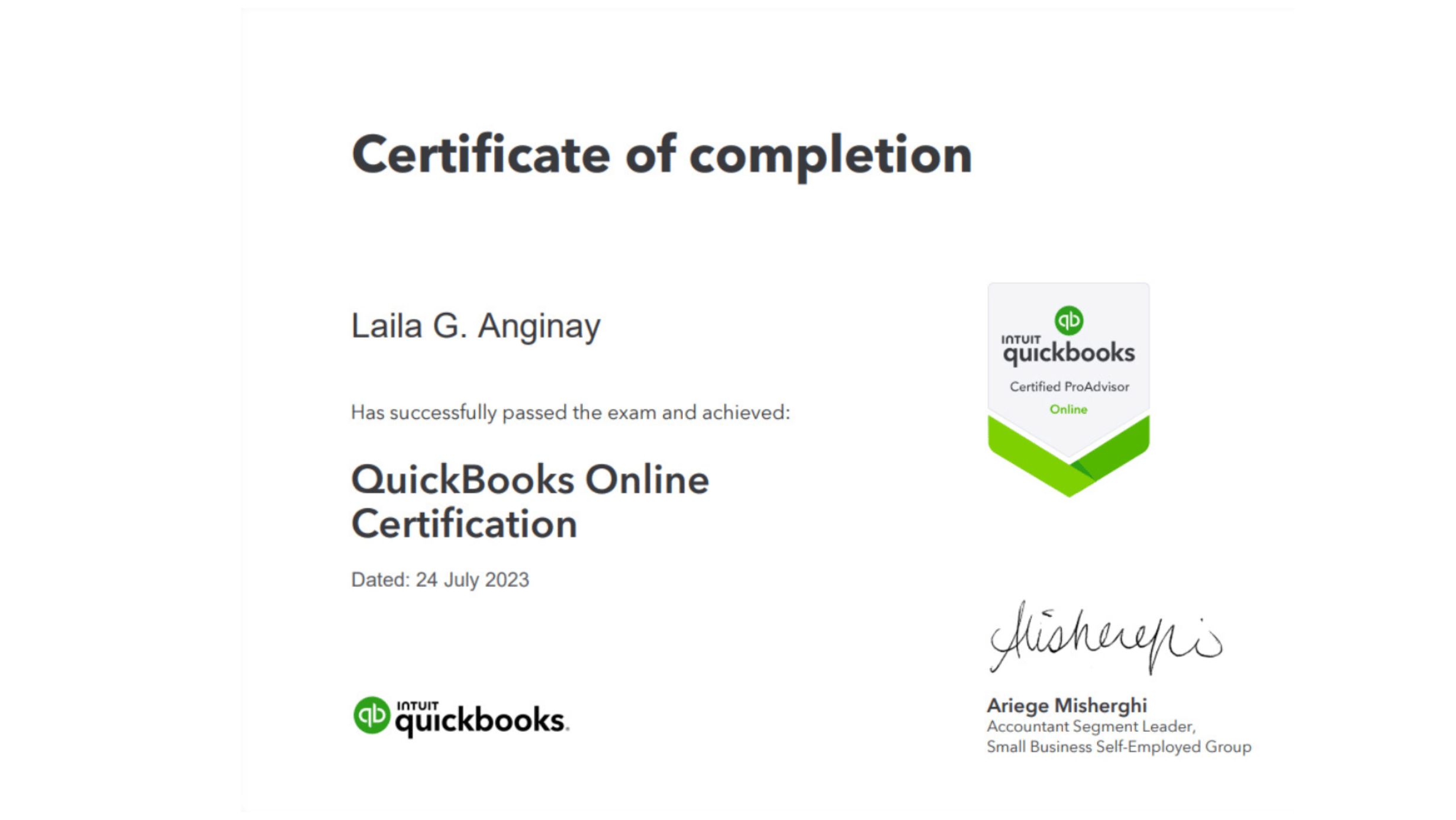 QUICKBOOKS Online Certificate