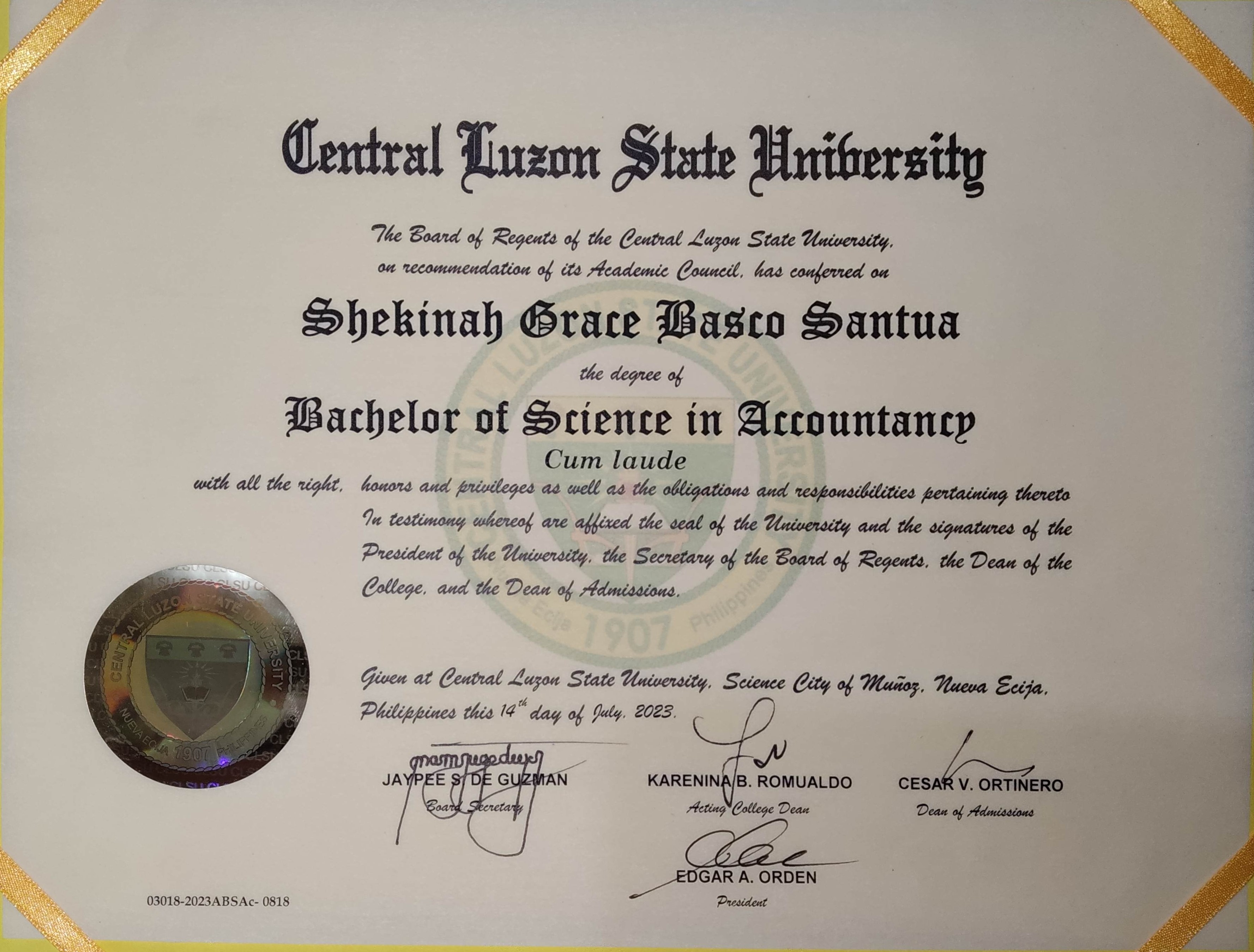 CERTIFICATE OF GRADUATION WITH ACADEMIC HONORS