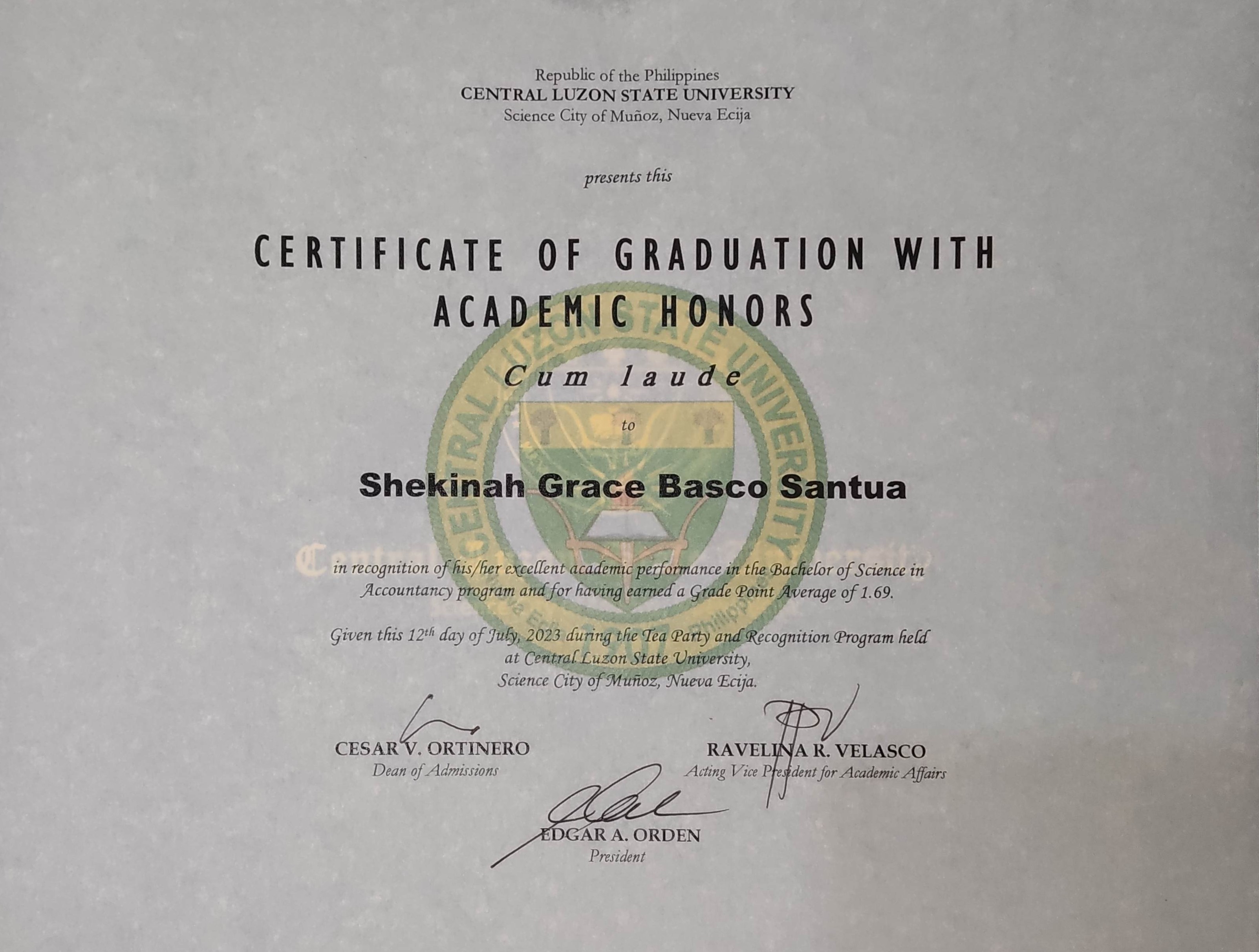 CERTIFICATE OF GRADUATION WITH ACADEMIC HONORS