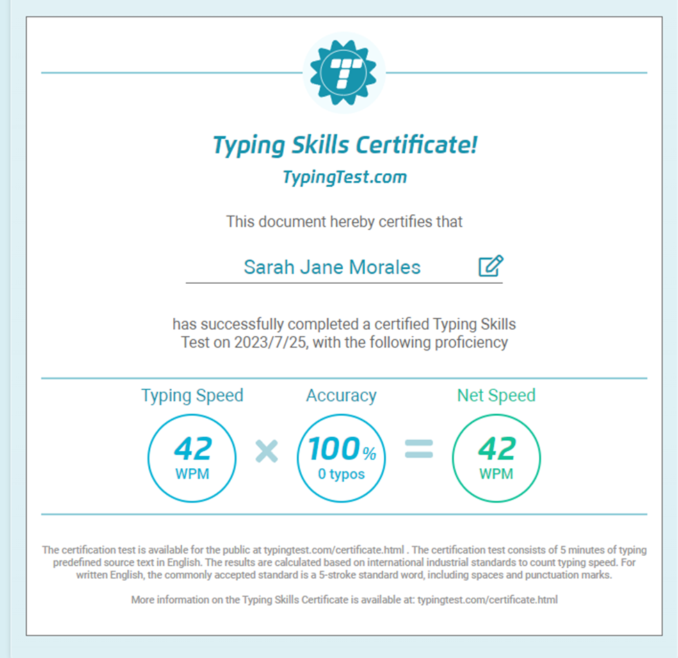 Typing Test Certificate