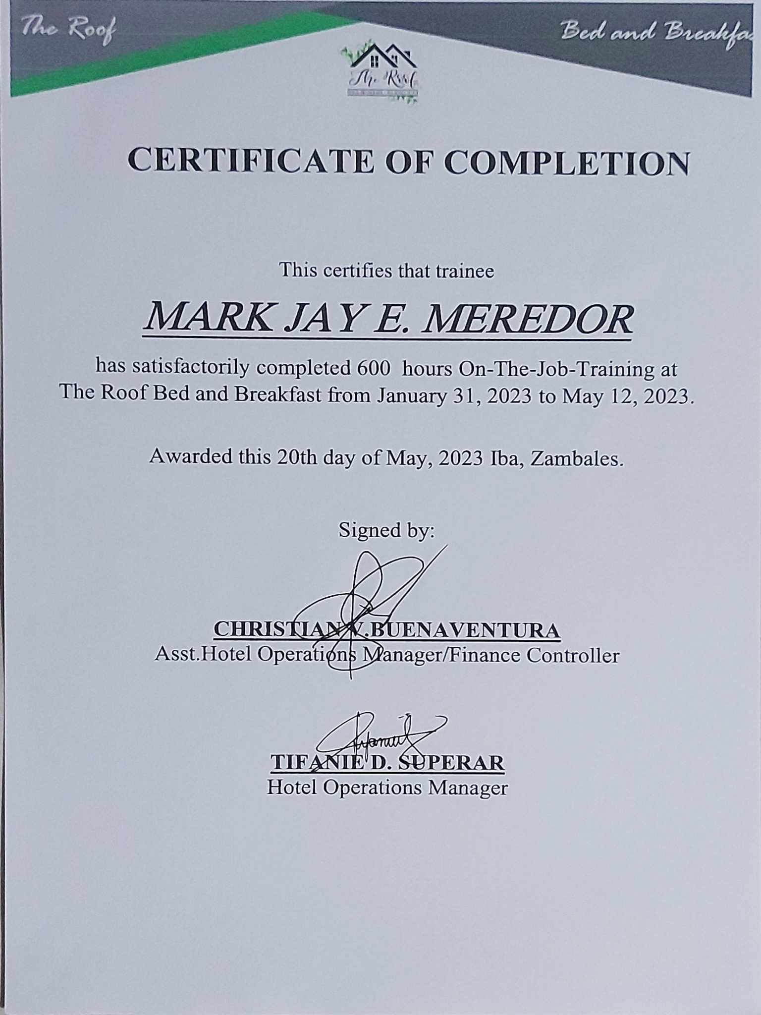 On-the-job Training Certificate