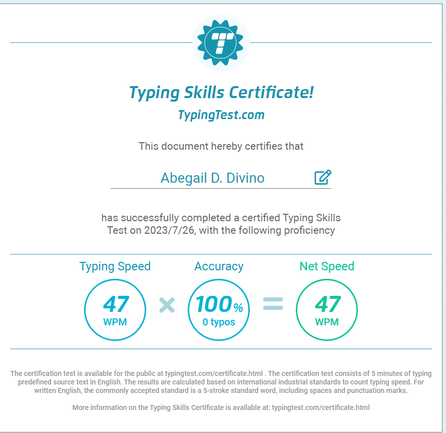 Typing Test Certificate